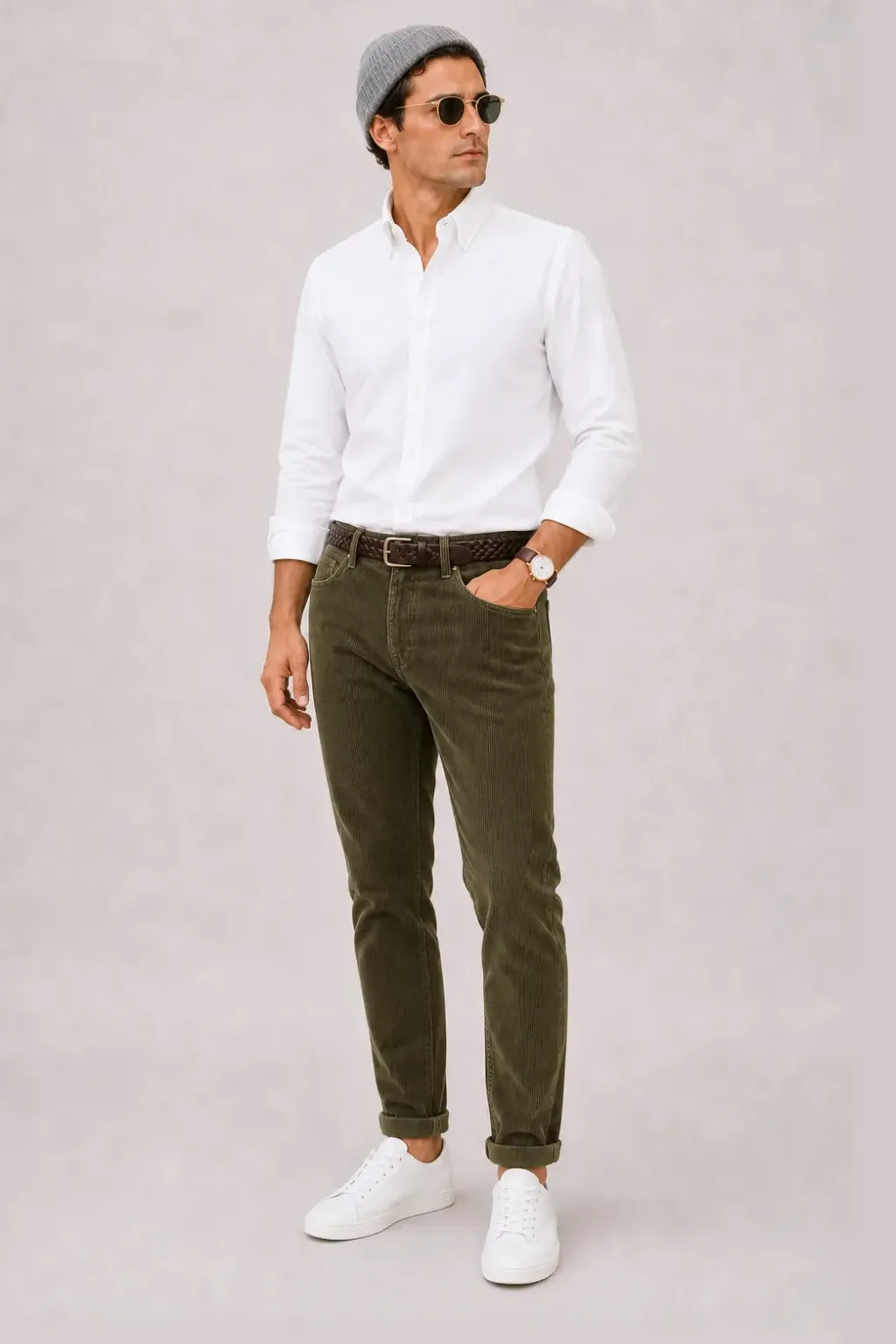 Button-Down-Hemd Weiss, dazu Cordhose Oliv und Sneaker