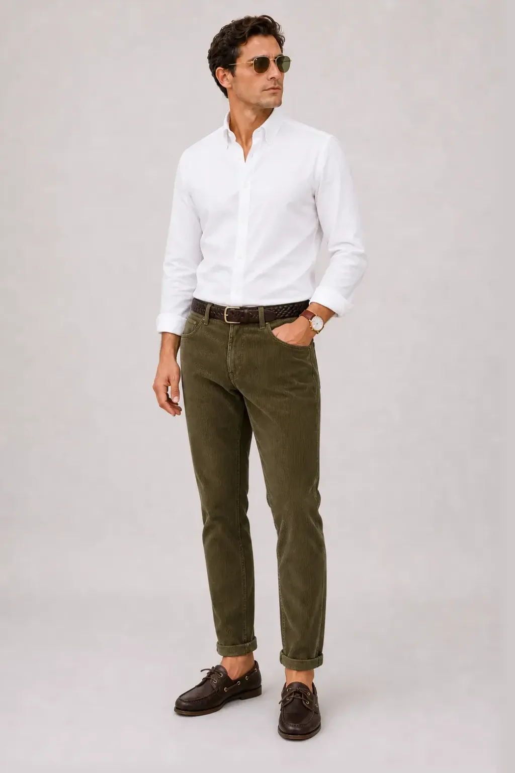Button-Down-Hemd Weiss, dazu Cordhose Oliv und Sneaker