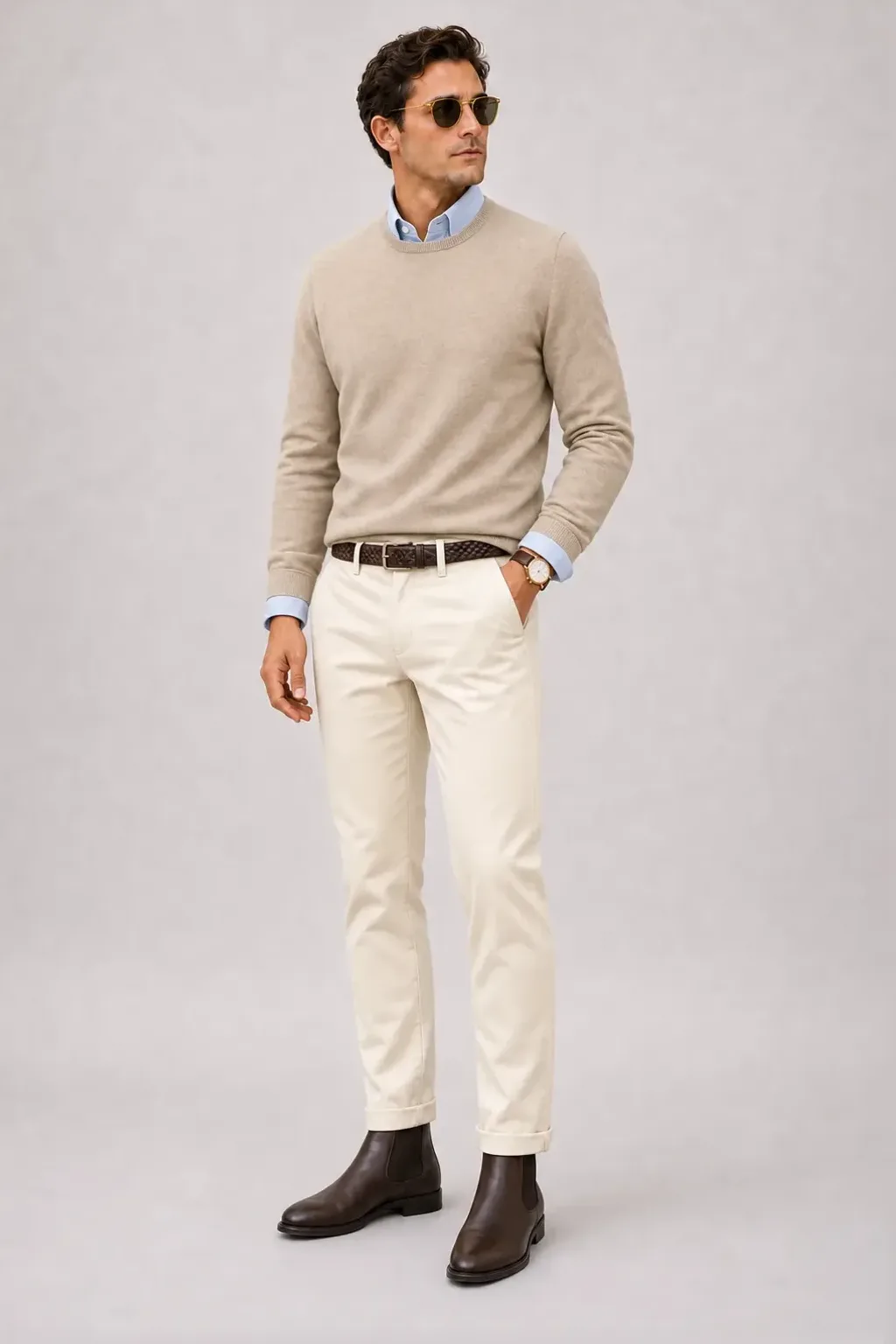 Crewneck-Pullover Feinstrick Beige über Button-Down-Hemd, dazu Chino Creme und Chelsea Boot