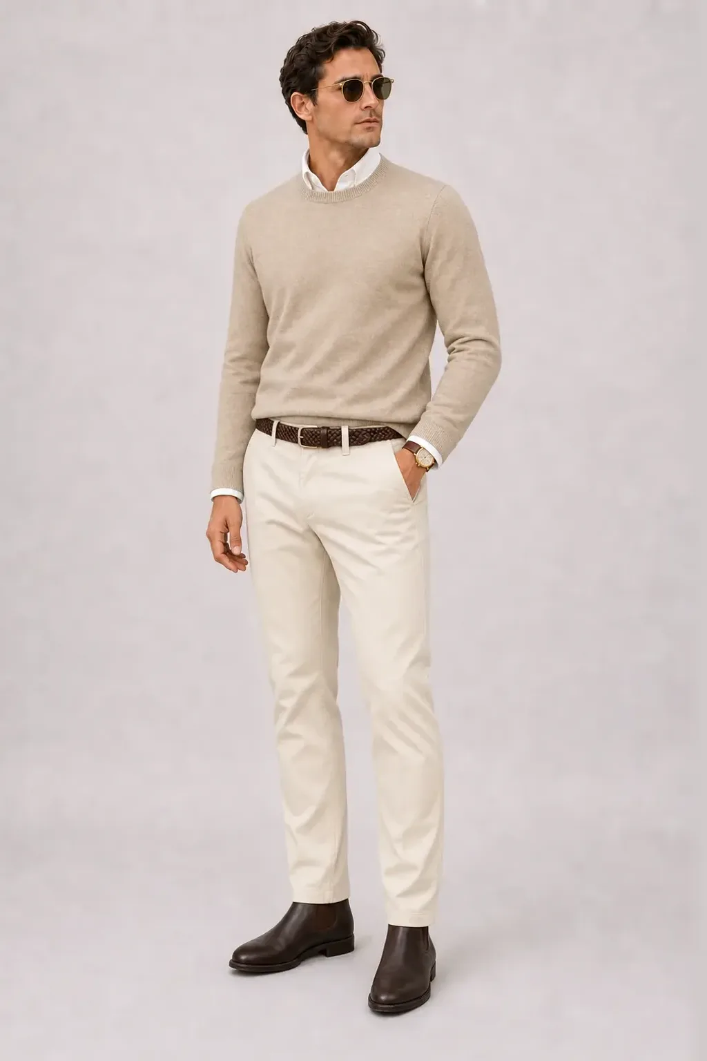 Crewneck-Pullover Feinstrick Beige über Button-Down-Hemd, dazu Chino Creme und Chelsea Boot — Button-Down-Hemd Weiss