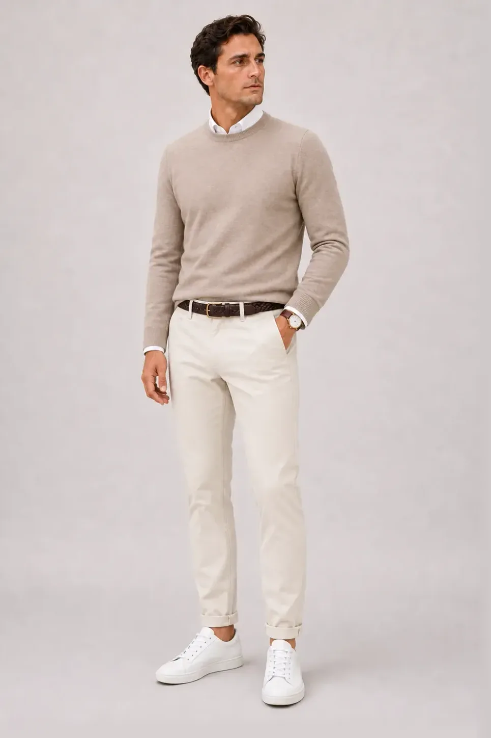 Crewneck-Pullover Feinstrick Beige über Button-Down-Hemd, dazu Chino Creme und Chelsea Boot