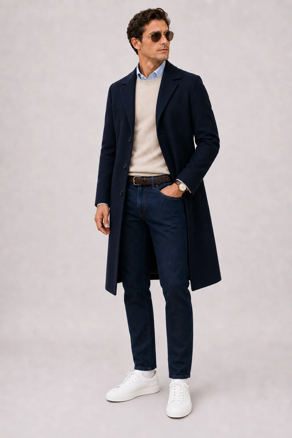 Langer Mantel Navy über Crewneck-Pullover Feinstrick Beige und Button-Down-Hemd Hellblau, dazu Jeans Navy und Sneaker