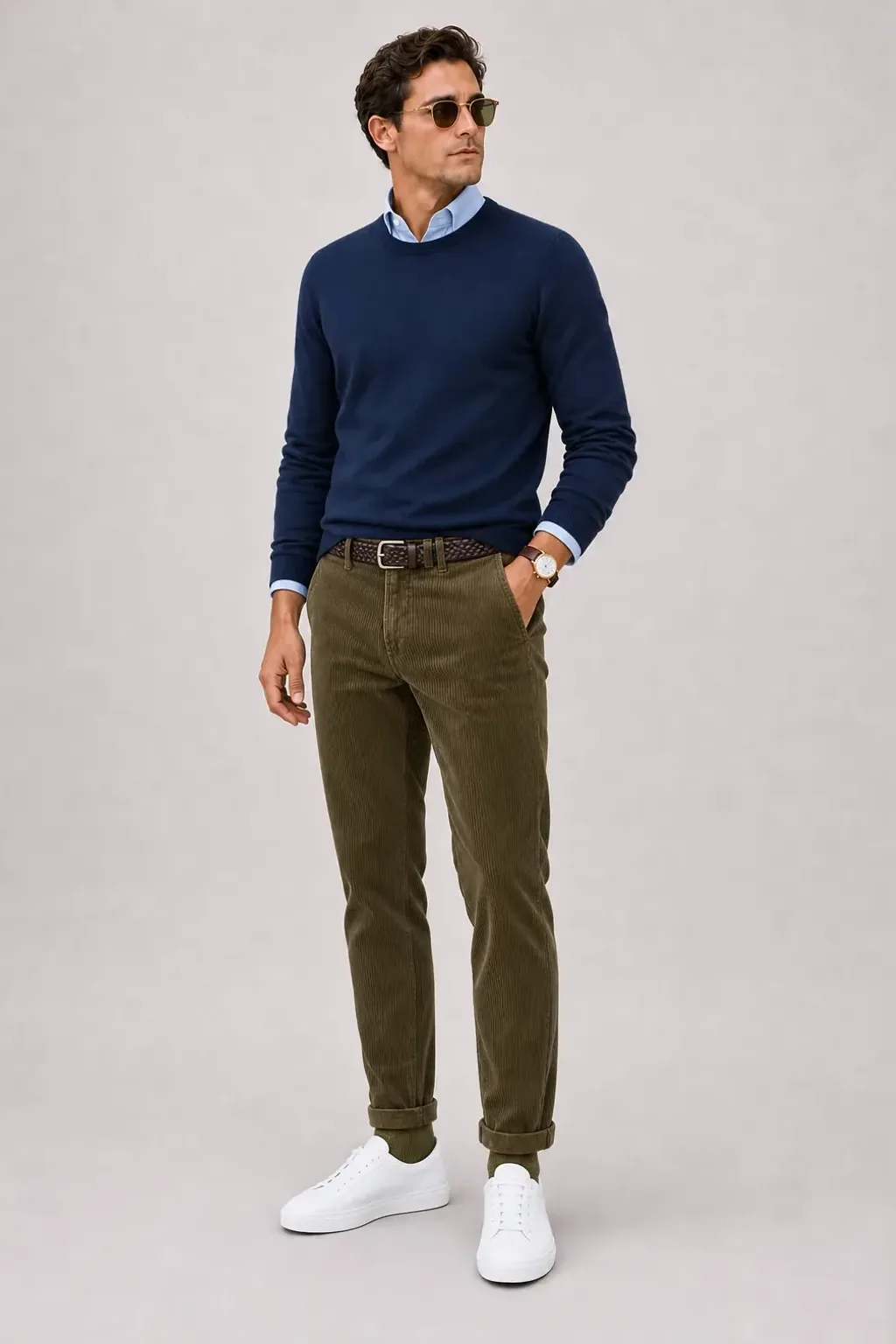 Crewneck-Pullover Feinstrick Navy über Button-Down-Hemd, dazu Cordhose Oliv und Sneaker