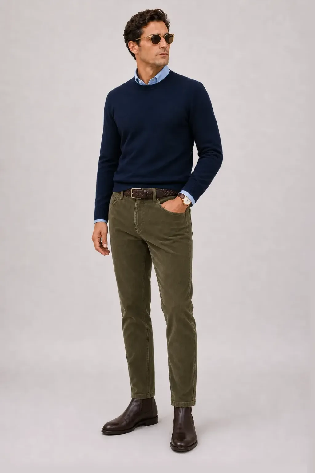 Crewneck-Pullover Feinstrick Navy über Button-Down-Hemd, dazu Cordhose Oliv und Sneaker