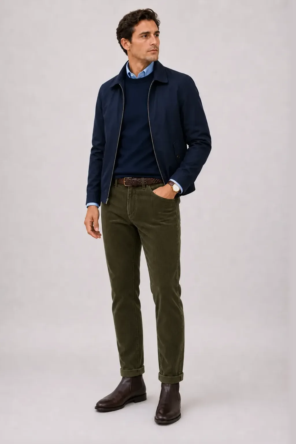 Harrington Blouson Navy über Button-Down-Hemd, dazu Cordhose Oliv und Chelsea Boot — Crewneck-Pullover Feinstrick Navy