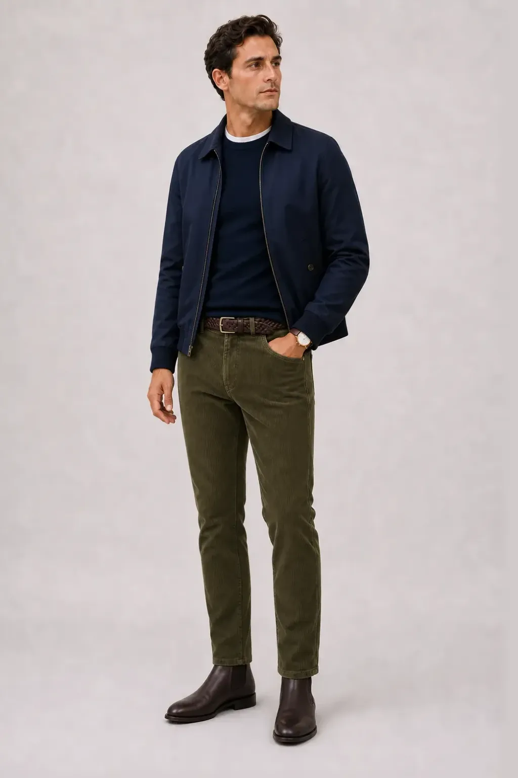 Harrington Blouson Navy über Crewneck-Pullover Feinstrick, dazu Cordhose Oliv und Chelsea Boot — T-Shirt Weiss