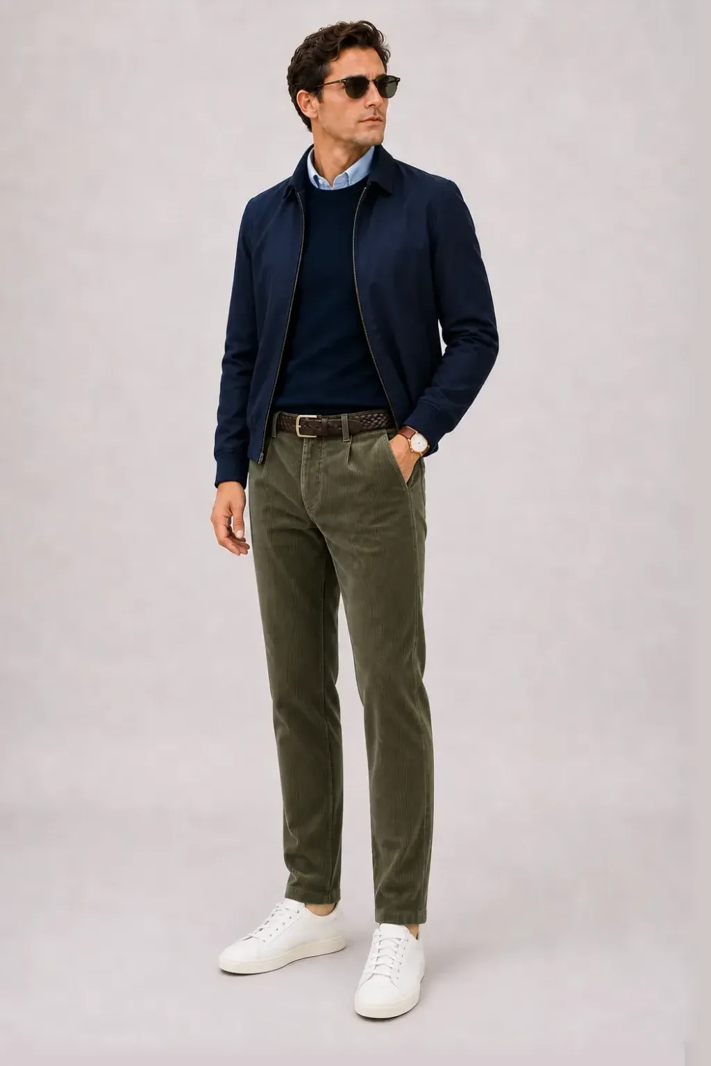 Harrington Blouson Navy über Crewneck-Pullover Feinstrick, dazu Cordhose Oliv und Chelsea Boot