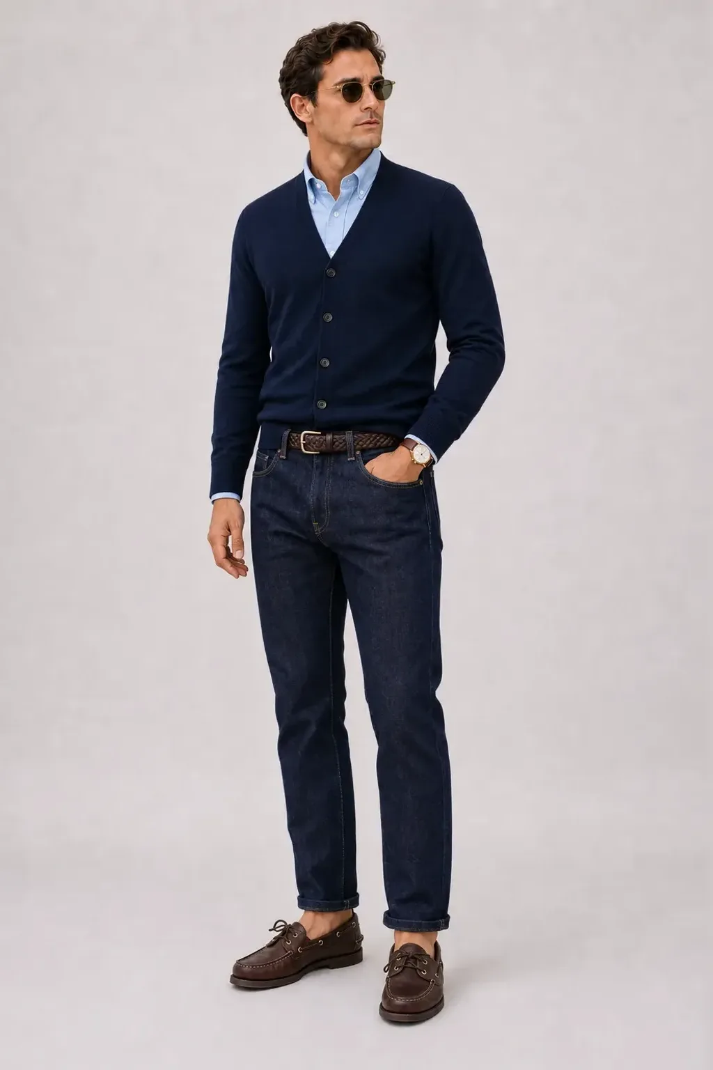 Cardigan Navy über Button-Down-Hemd, dazu Jeans Navy und Bootsschuh