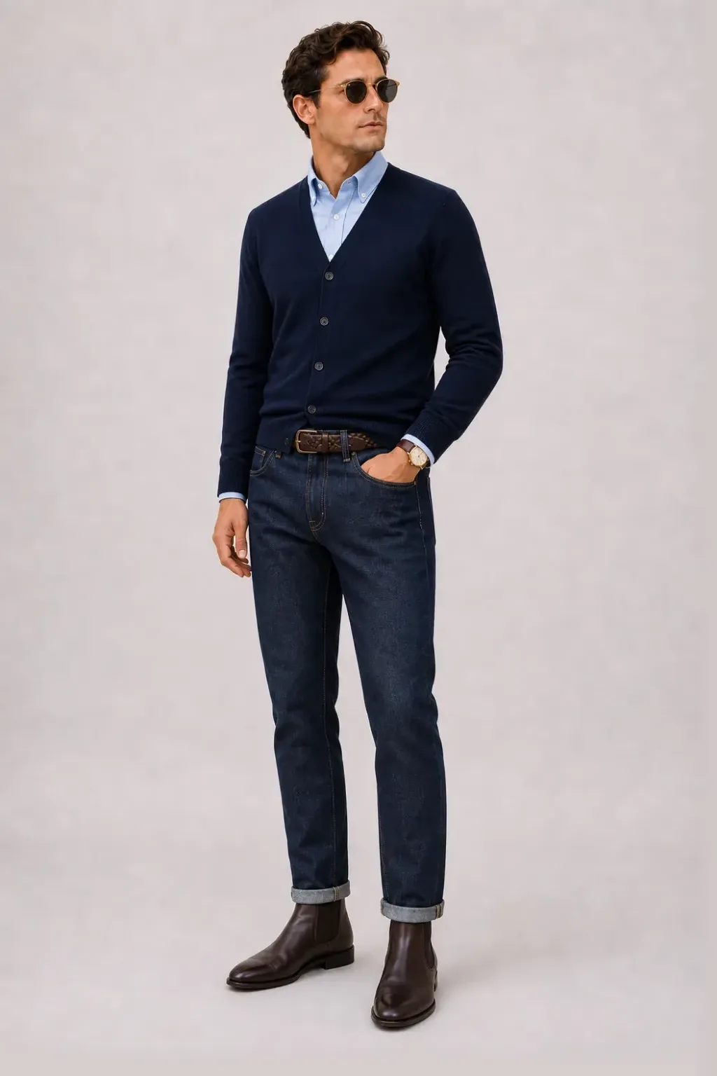Cardigan Navy über Button-Down-Hemd, dazu Jeans Navy und Bootsschuh