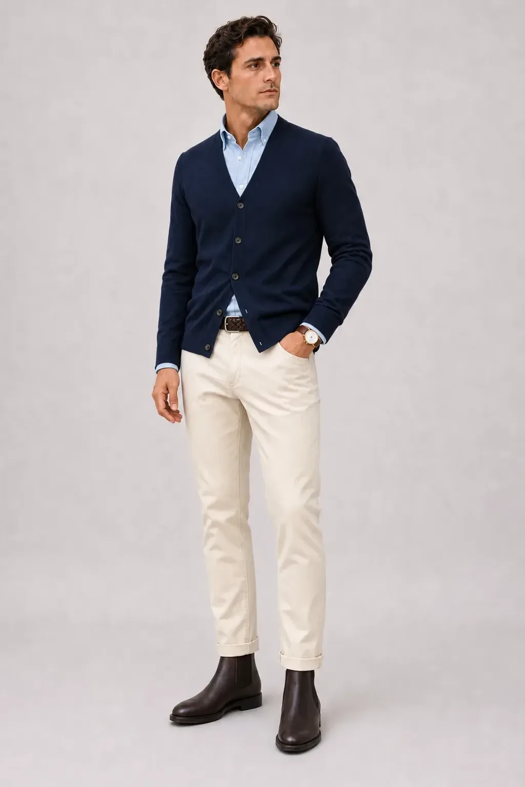 Cardigan Navy über Button-Down-Hemd, dazu Chino Creme und Chelsea Boot