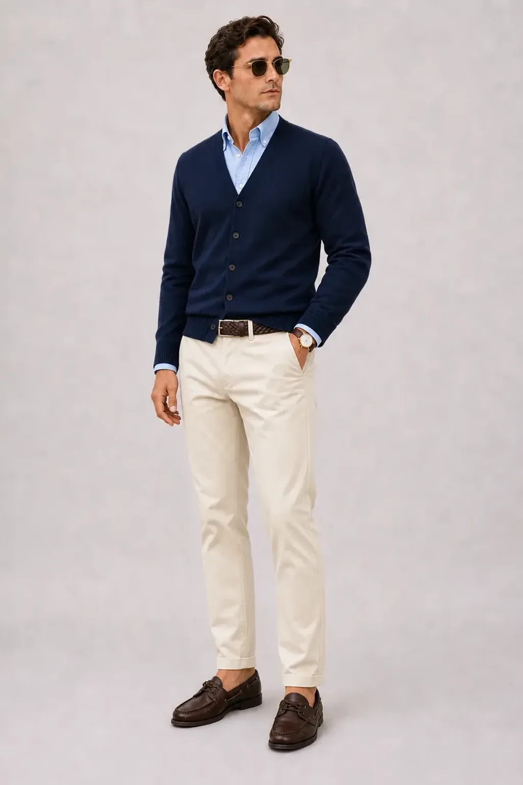 Cardigan Navy über Button-Down-Hemd, dazu Chino Creme und Chelsea Boot