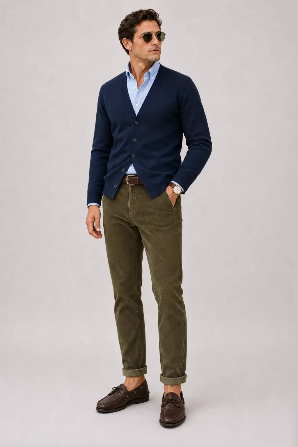 Cardigan Navy über Button-Down-Hemd, dazu Cordhose Oliv und Bootsschuh