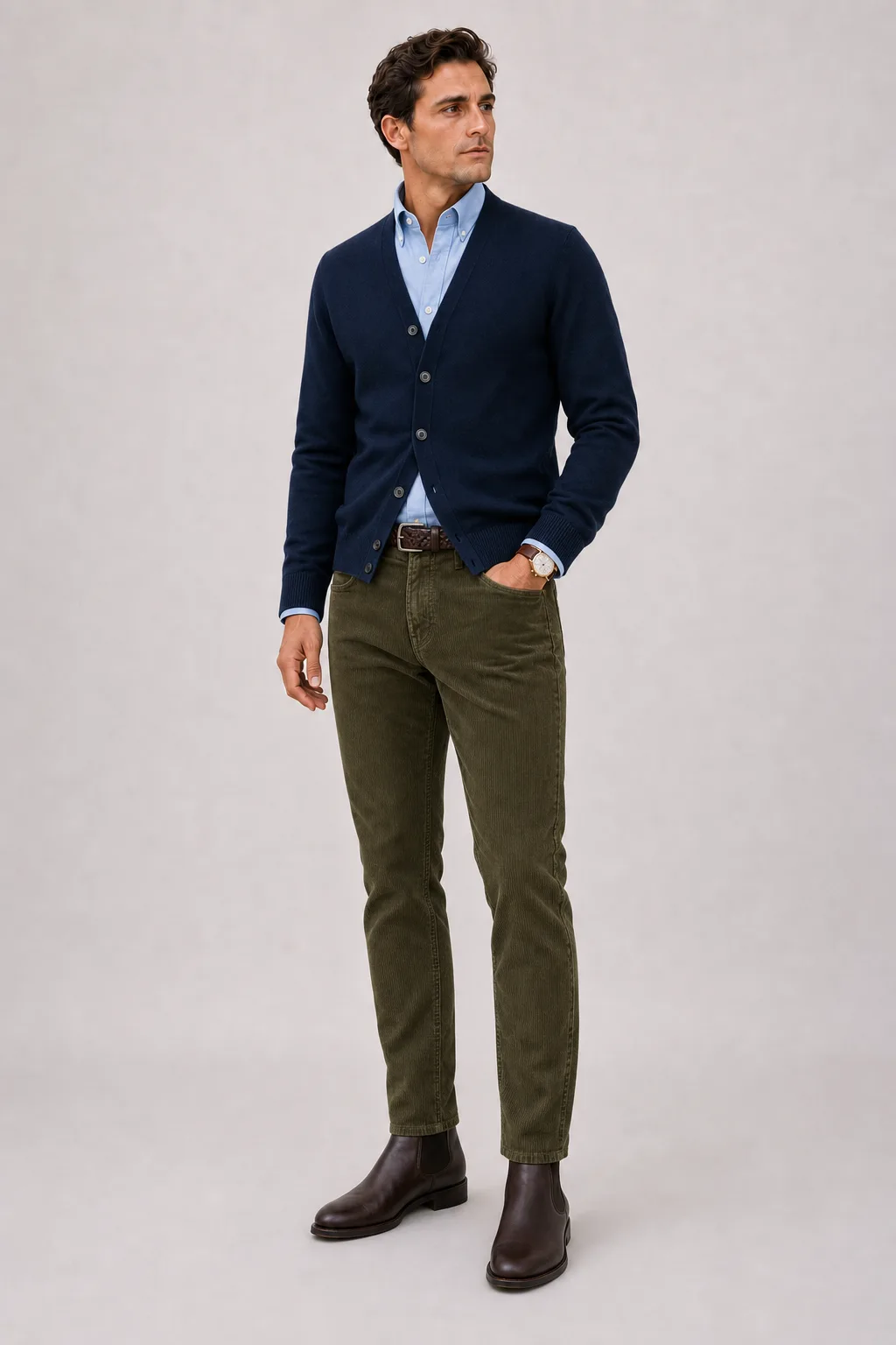 Cardigan Navy über Button-Down-Hemd, dazu Cordhose Oliv und Bootsschuh