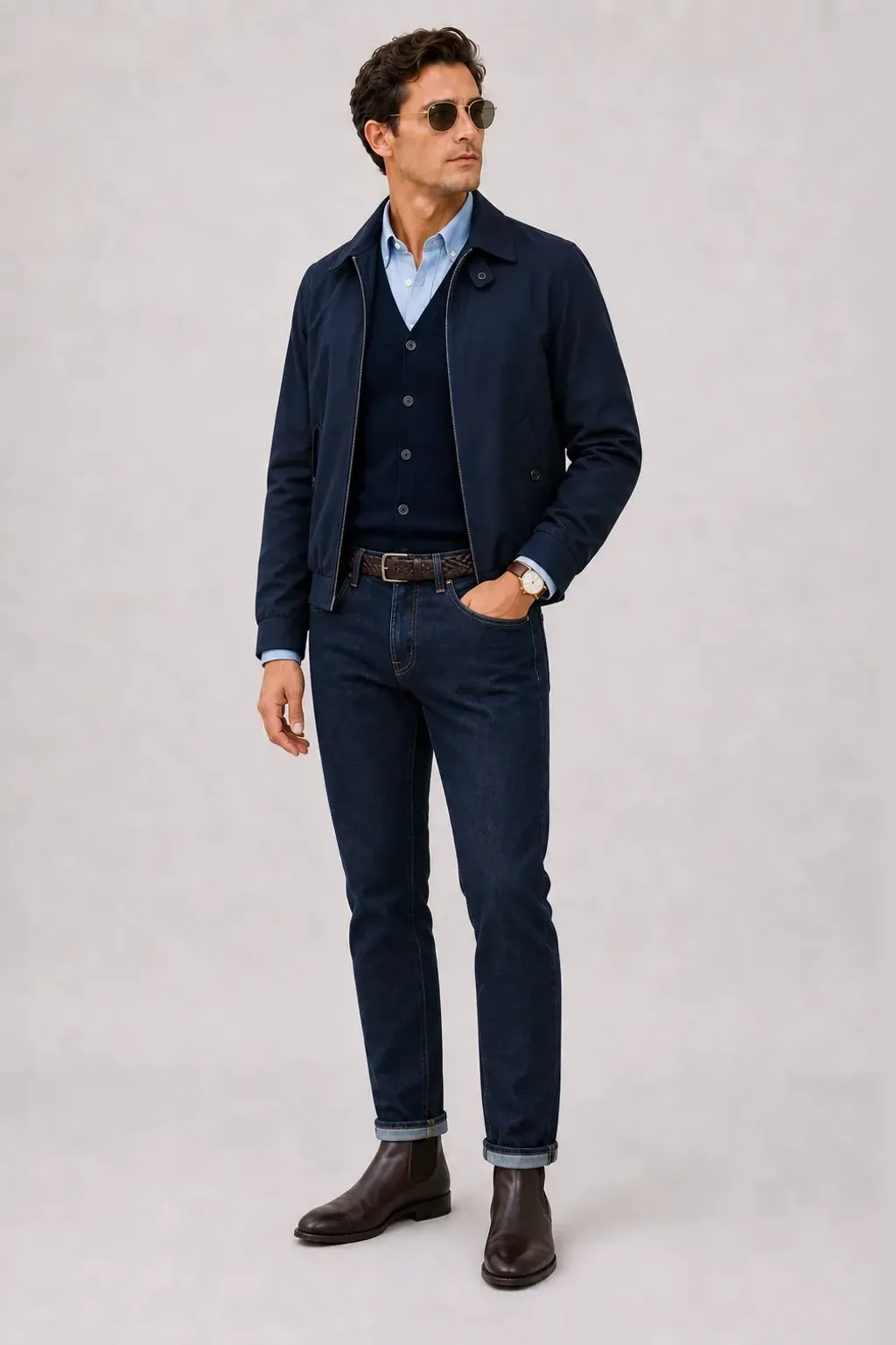 Harrington Blouson Navy über Cardigan, dazu Jeans Navy und Bootsschuh