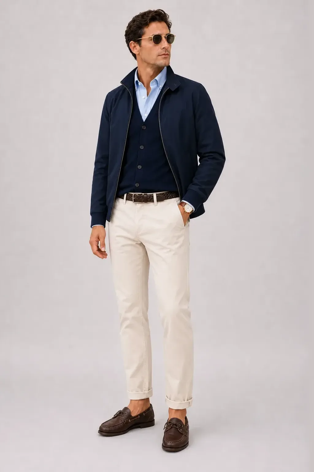 Harrington Blouson Navy über Cardigan, dazu Chino Creme und Bootsschuh