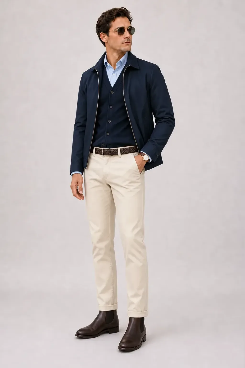 Harrington Blouson Navy über Cardigan, dazu Chino Creme und Bootsschuh