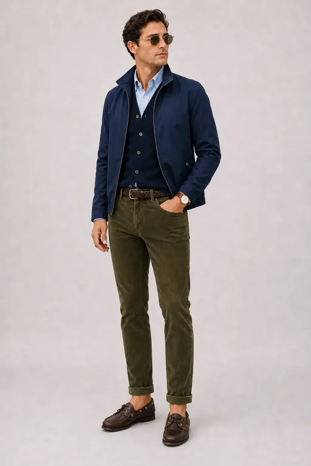 Harrington Blouson Navy über Cardigan, dazu Cordhose Oliv und Bootsschuh