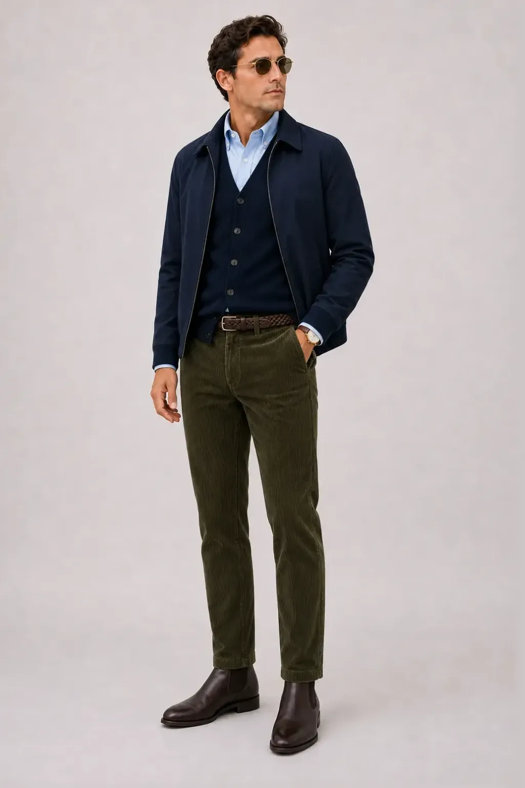 Harrington Blouson Navy über Cardigan, dazu Cordhose Oliv und Bootsschuh