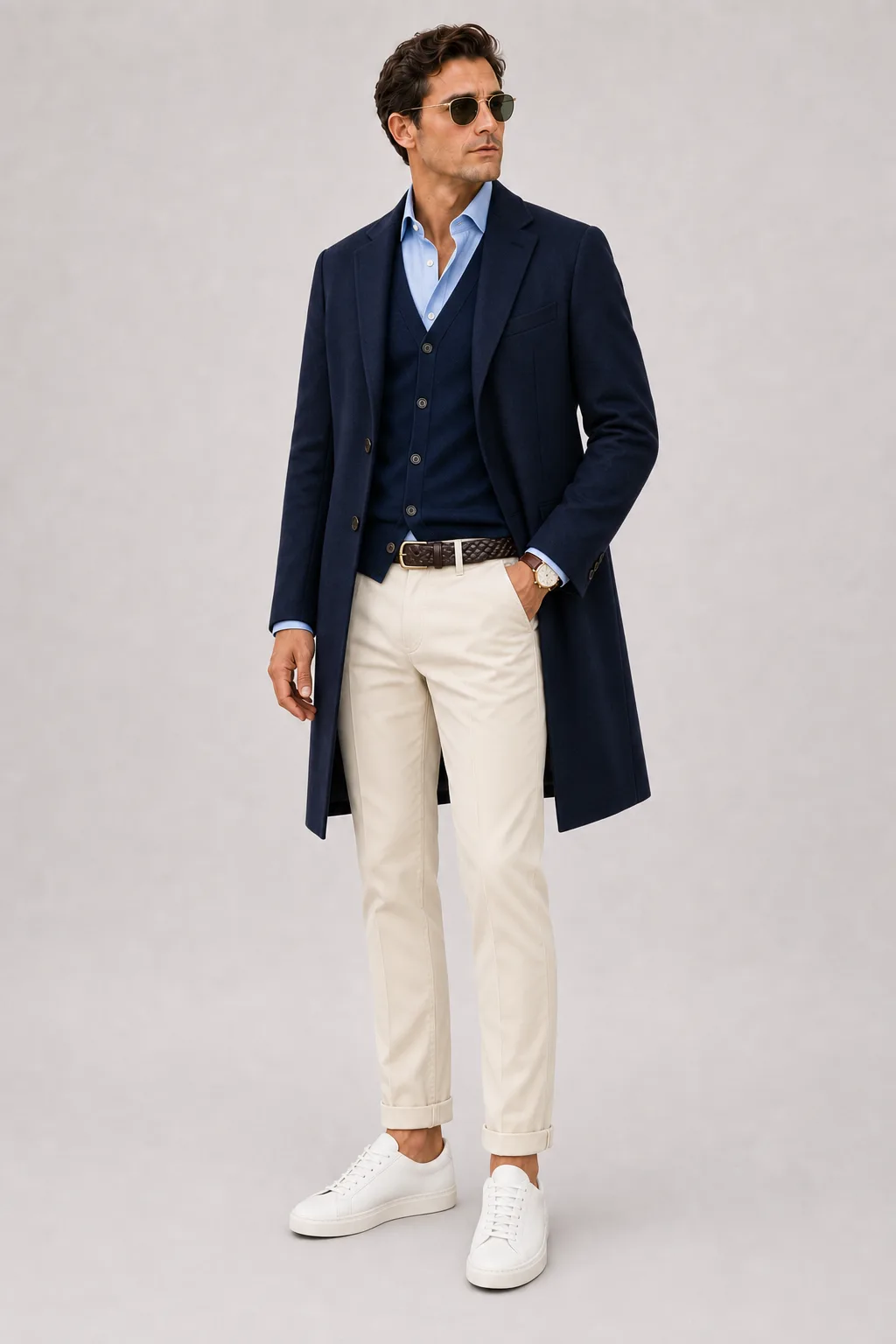 Langer Mantel Navy über T-Shirt, dazu Chino Creme und Sneaker — Cardigan Navy