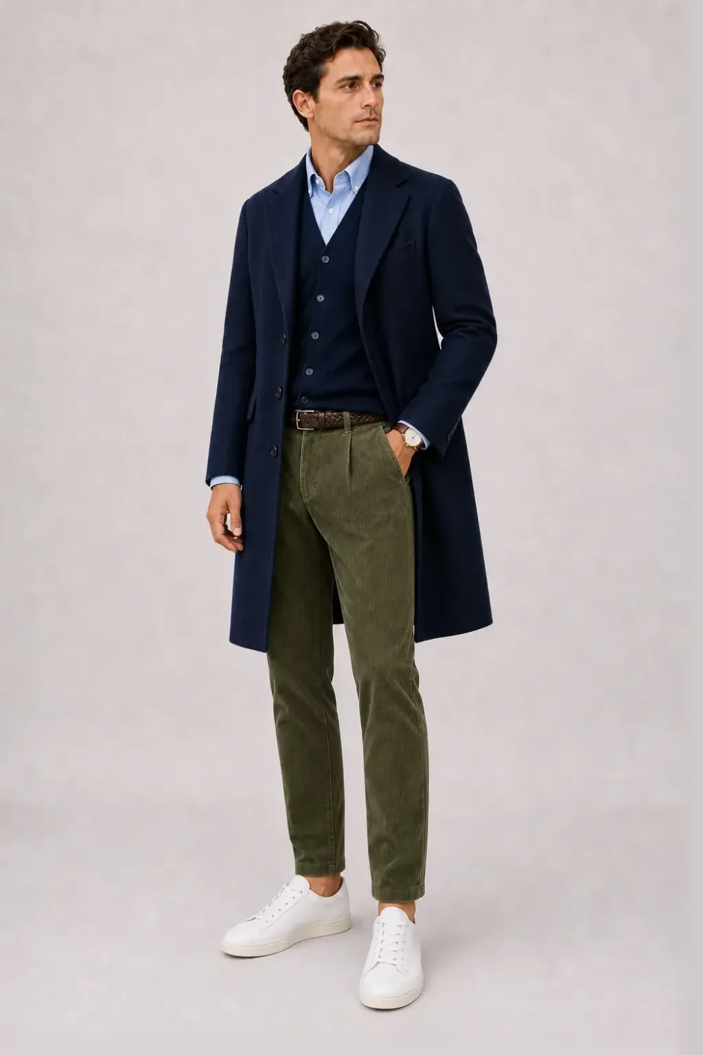 Langer Mantel Navy über Crewneck-Pullover Feinstrick Navy und Button-Down-Hemd Weiss, dazu Cordhose Oliv und Sneaker — Cardigan Navy