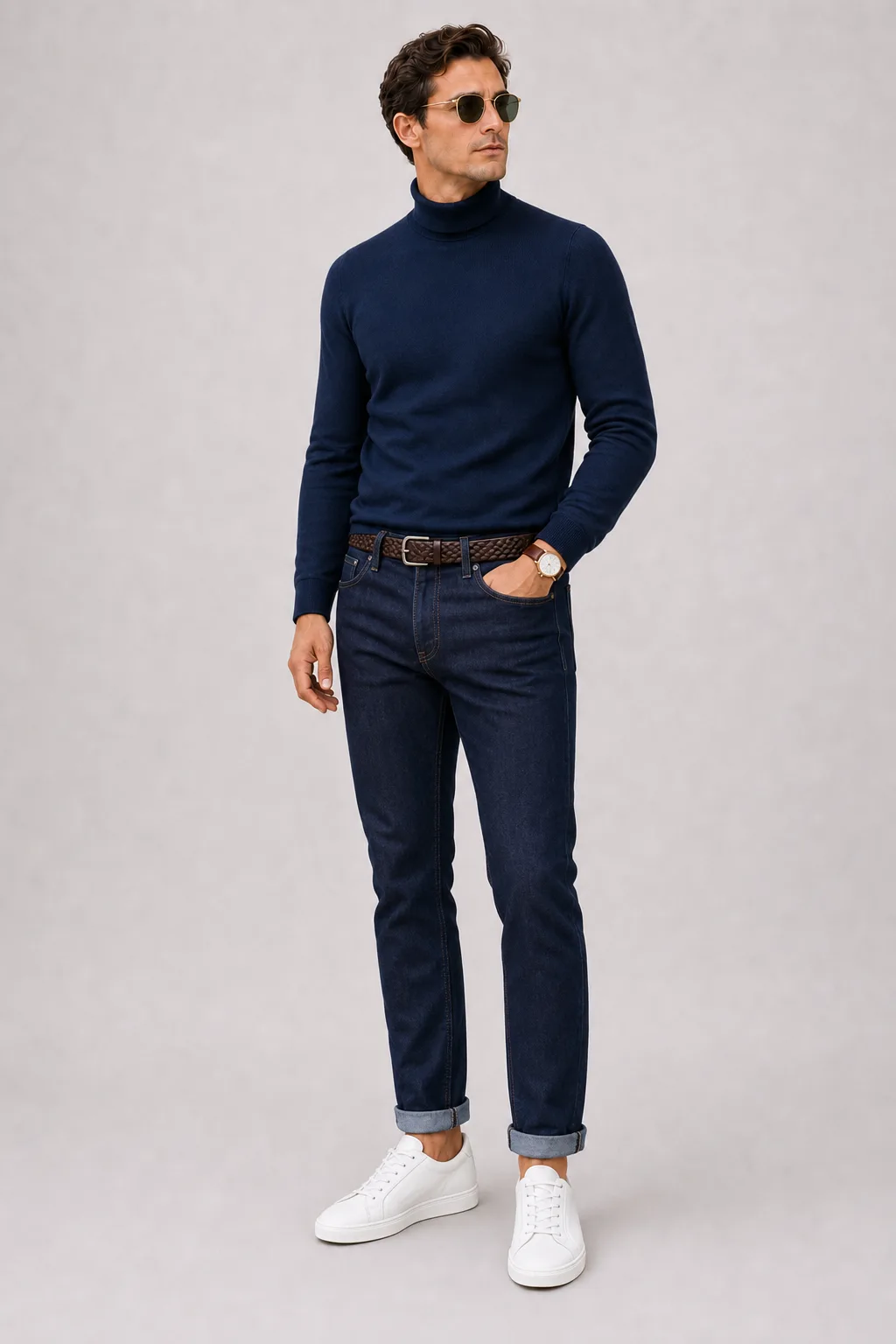 Rollkragenpullover Navy, dazu Jeans Navy und Sneaker