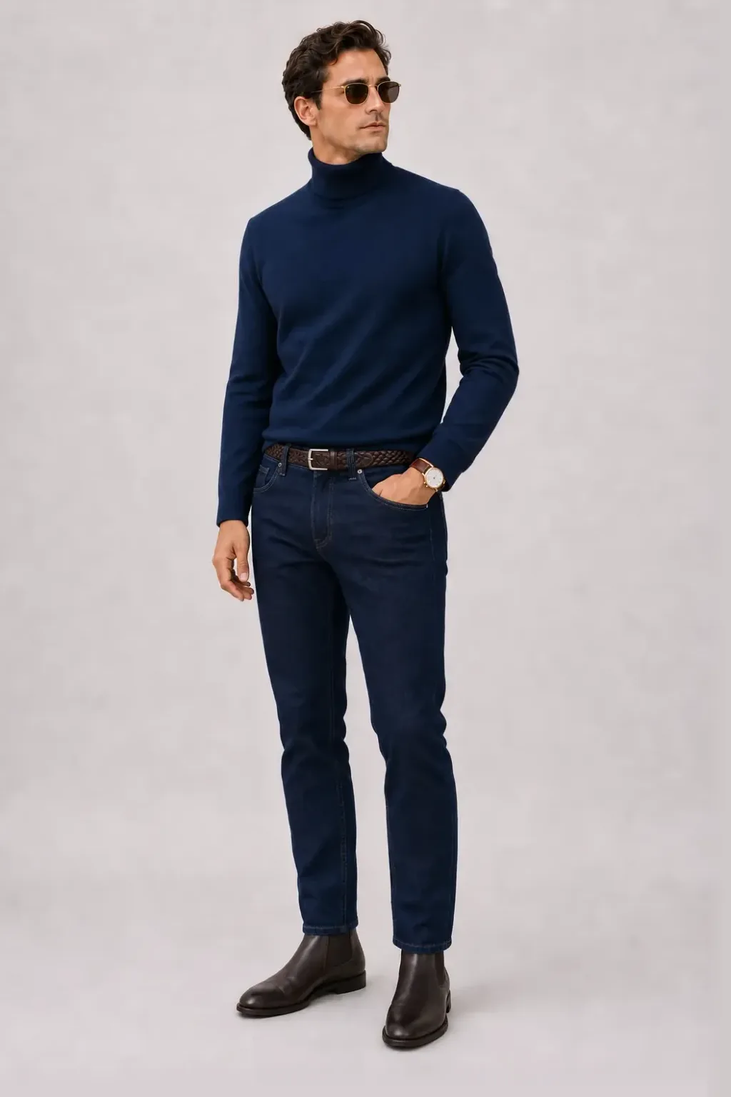 Rollkragenpullover Navy, dazu Jeans Navy und Sneaker