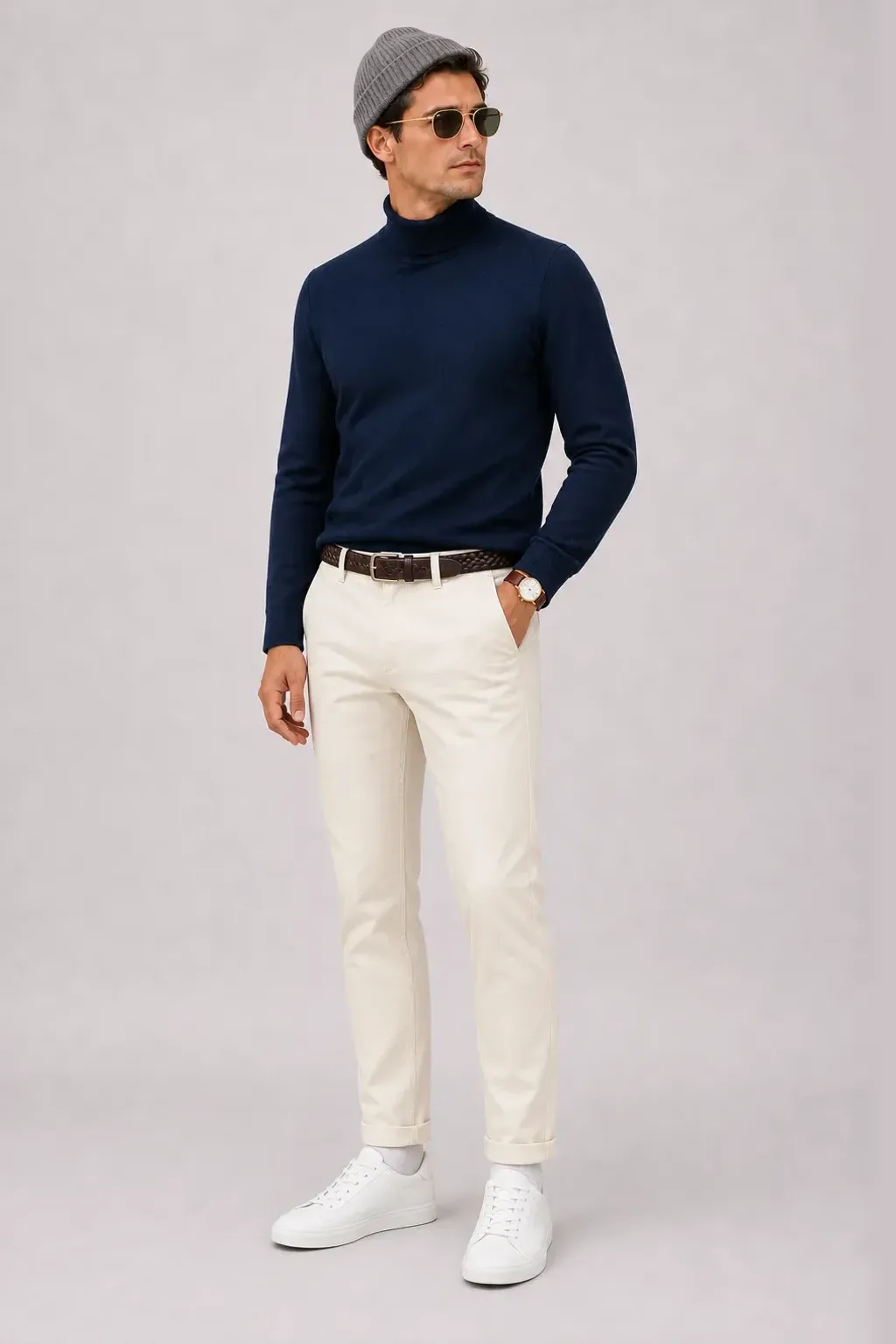 T-Shirt Navy, dazu Chino Creme und Sneaker — Rollkragenpullover Navy