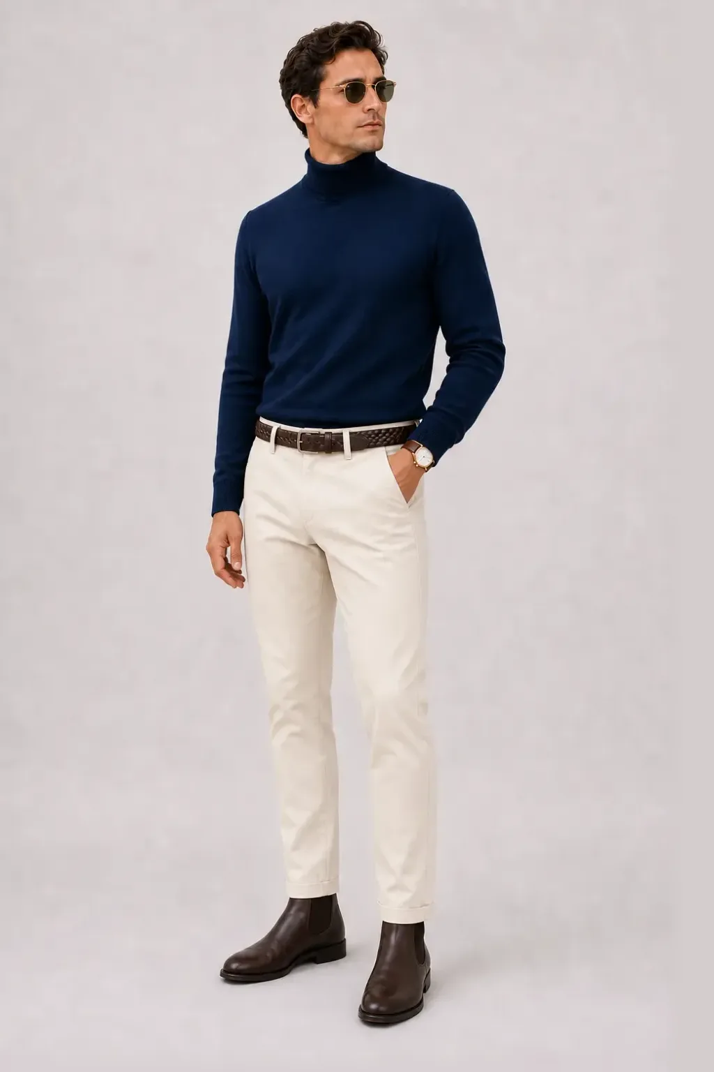 Rollkragenpullover Navy, dazu Chino Creme und Sneaker