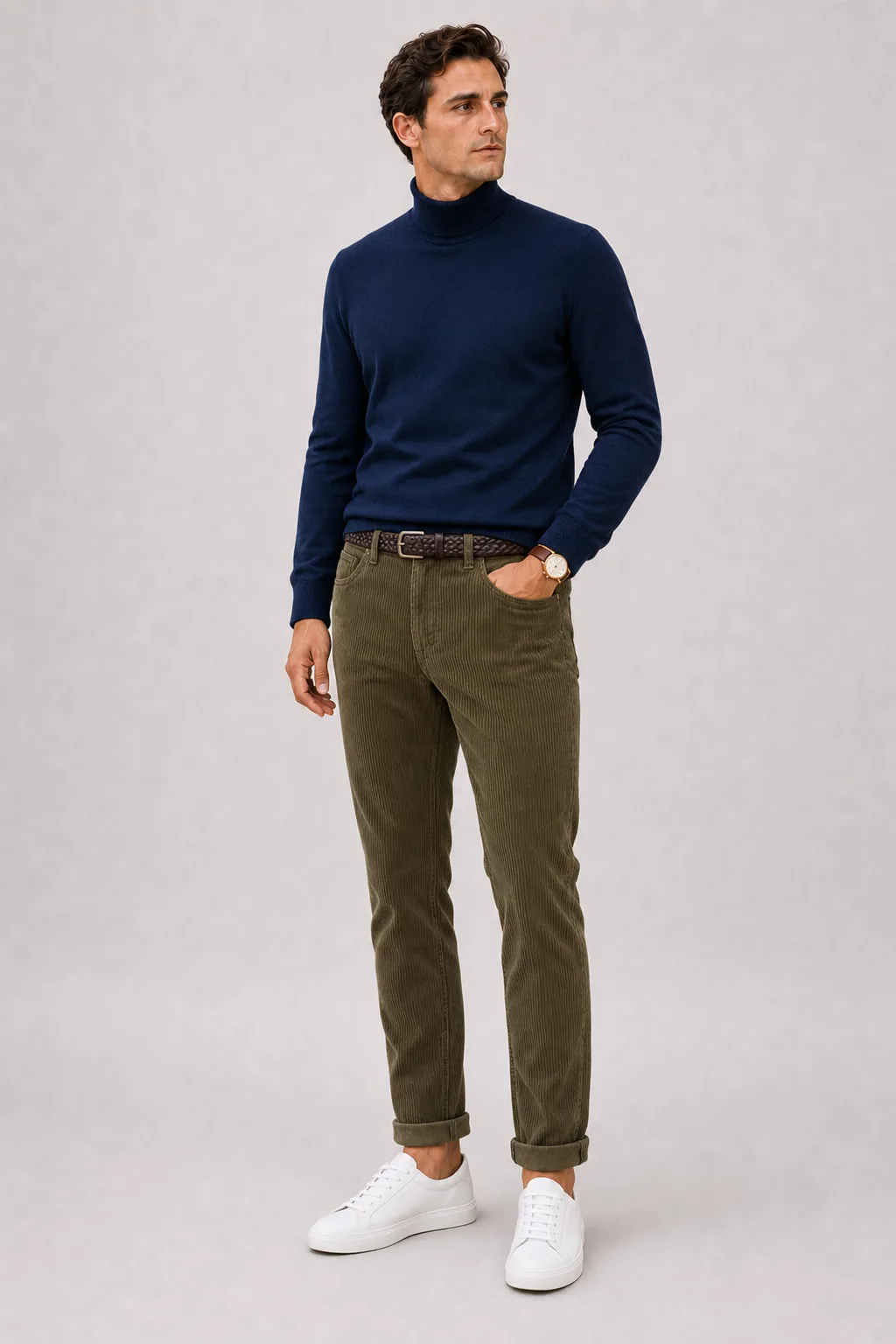 Rollkragenpullover Navy, dazu Cordhose Oliv und Sneaker