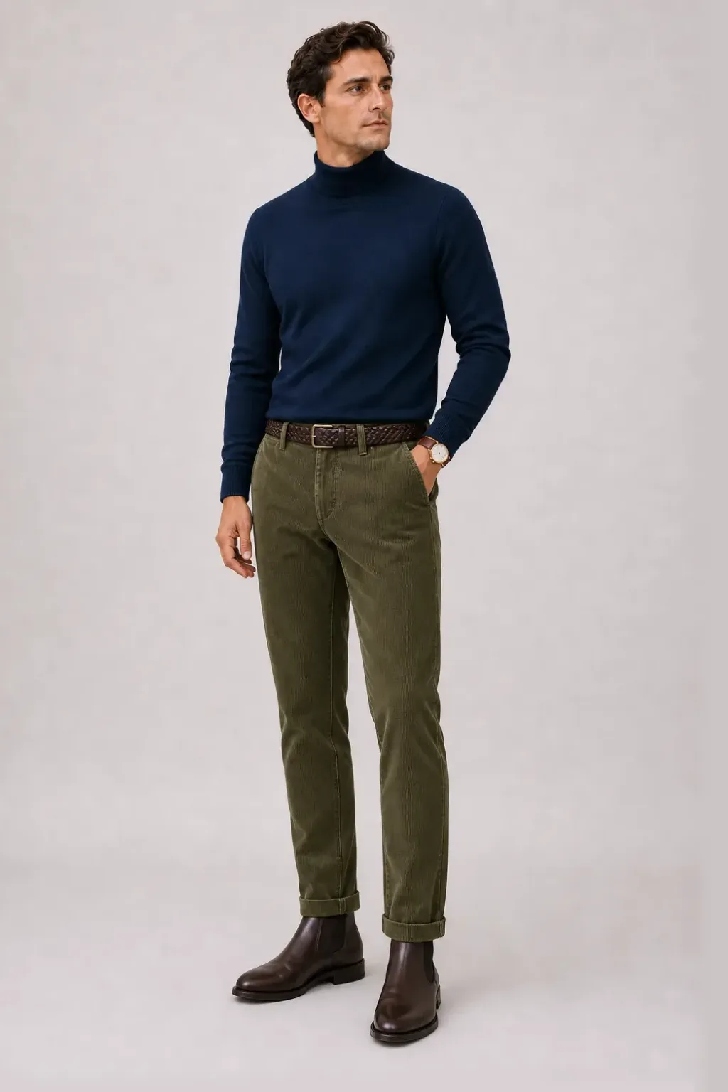 Rollkragenpullover Navy, dazu Cordhose Oliv und Sneaker