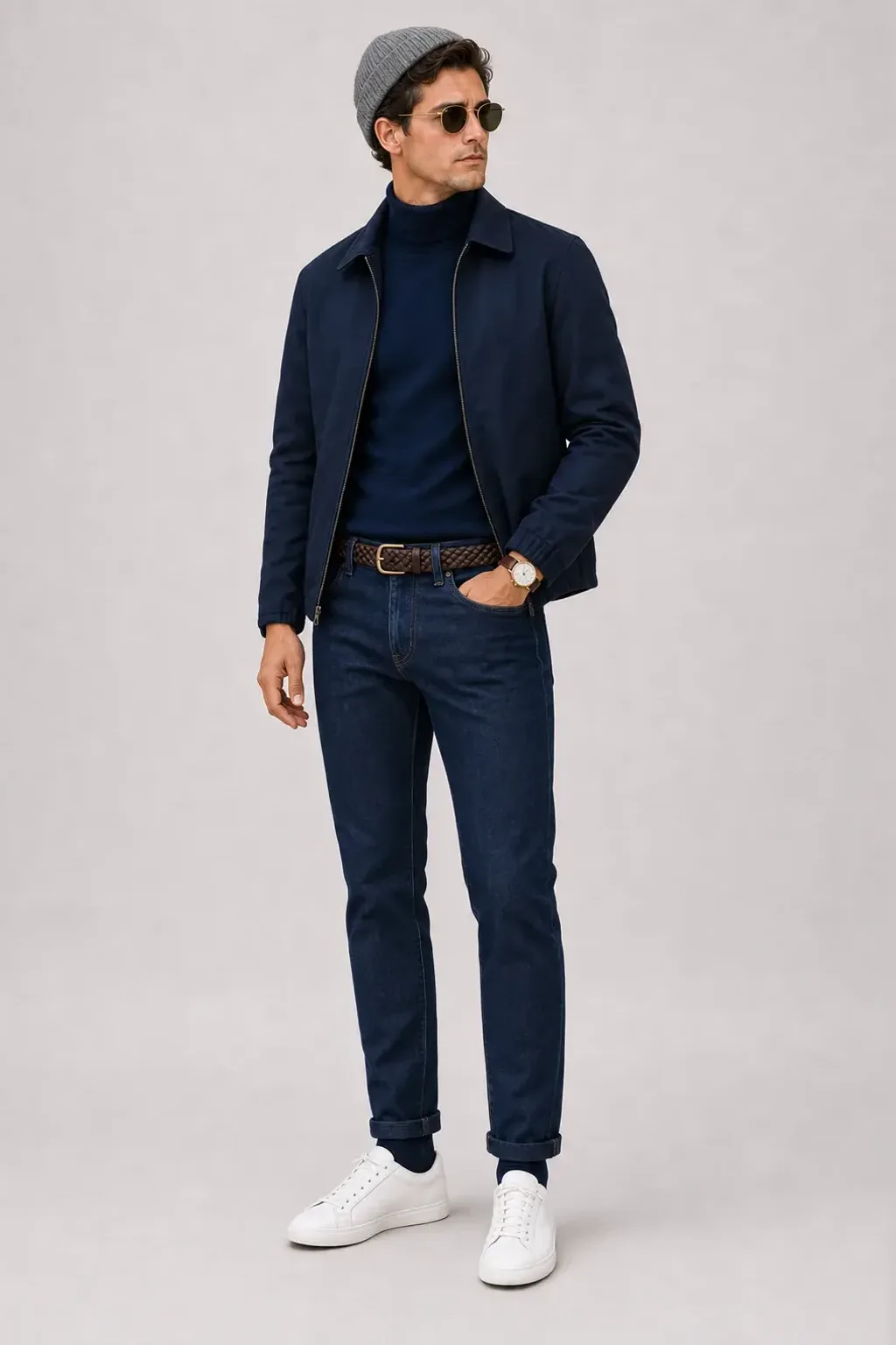 Harrington Blouson Navy über T-Shirt Weiss, dazu Jeans Navy und Sneaker — Rollkragenpullover Navy