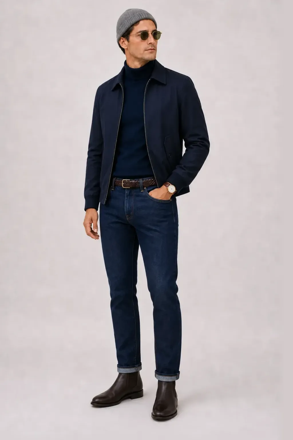 Harrington Blouson Navy über Rollkragenpullover, dazu Jeans Navy und Sneaker