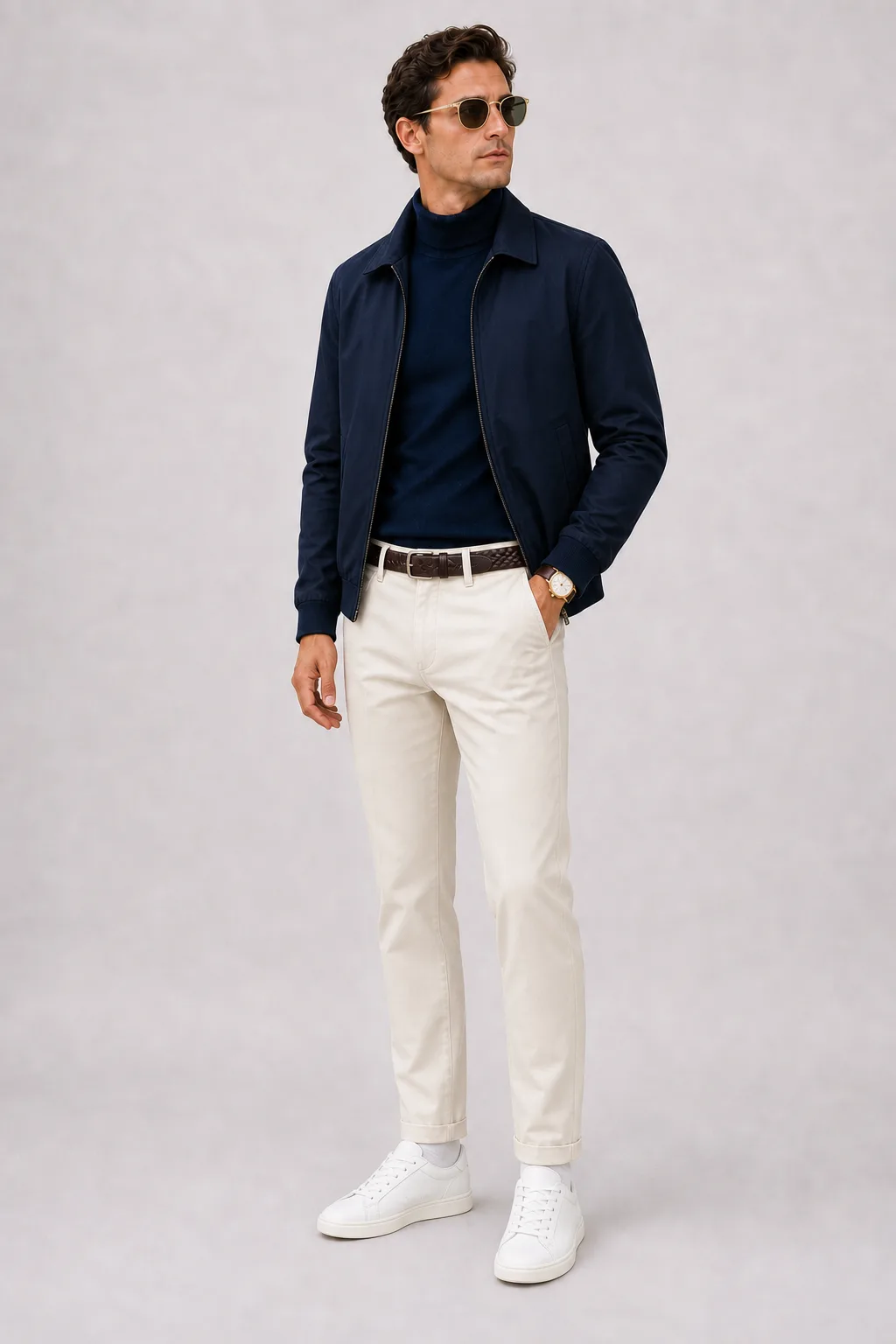 Harrington Blouson Navy über T-Shirt, dazu Chino Creme und Sneaker — Rollkragenpullover Navy