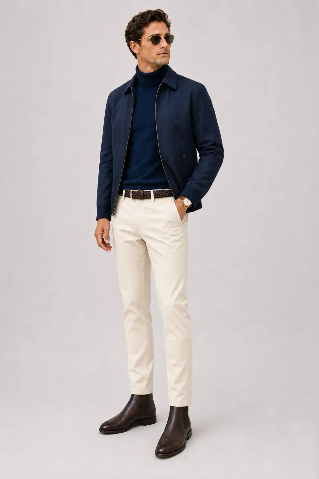 Harrington Blouson Navy über Rollkragenpullover, dazu Chino Creme und Sneaker