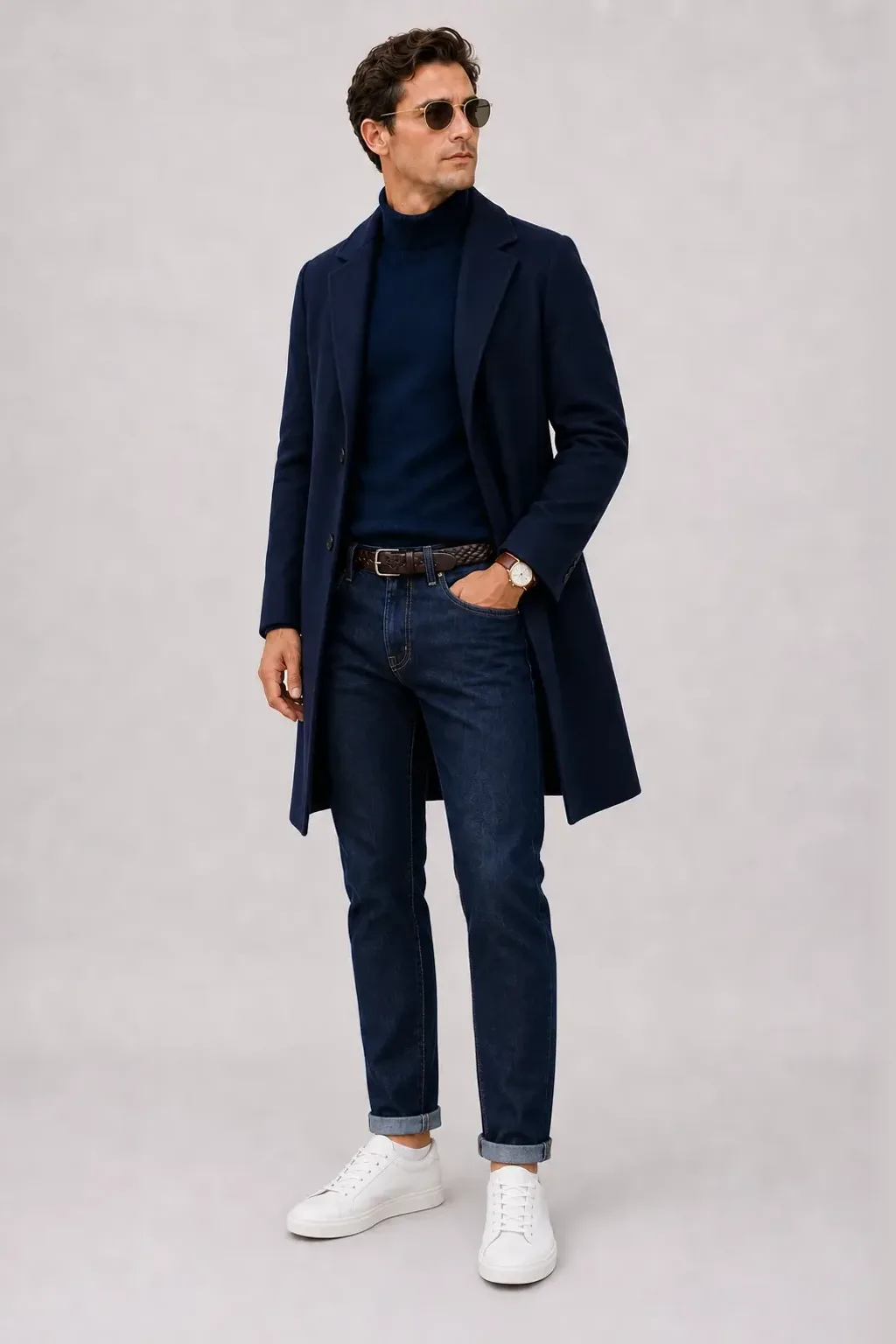 Langer Mantel Navy über Rollkragenpullover, dazu Jeans Navy und Sneaker