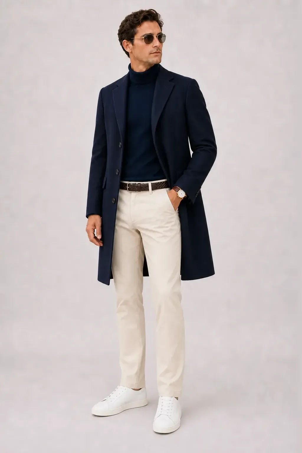 Langer Mantel Navy über T-Shirt, dazu Chino Creme und Sneaker — Rollkragenpullover Navy