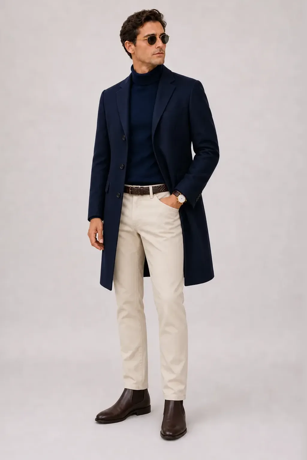 Langer Mantel Navy über Rollkragenpullover, dazu Chino Creme und Sneaker