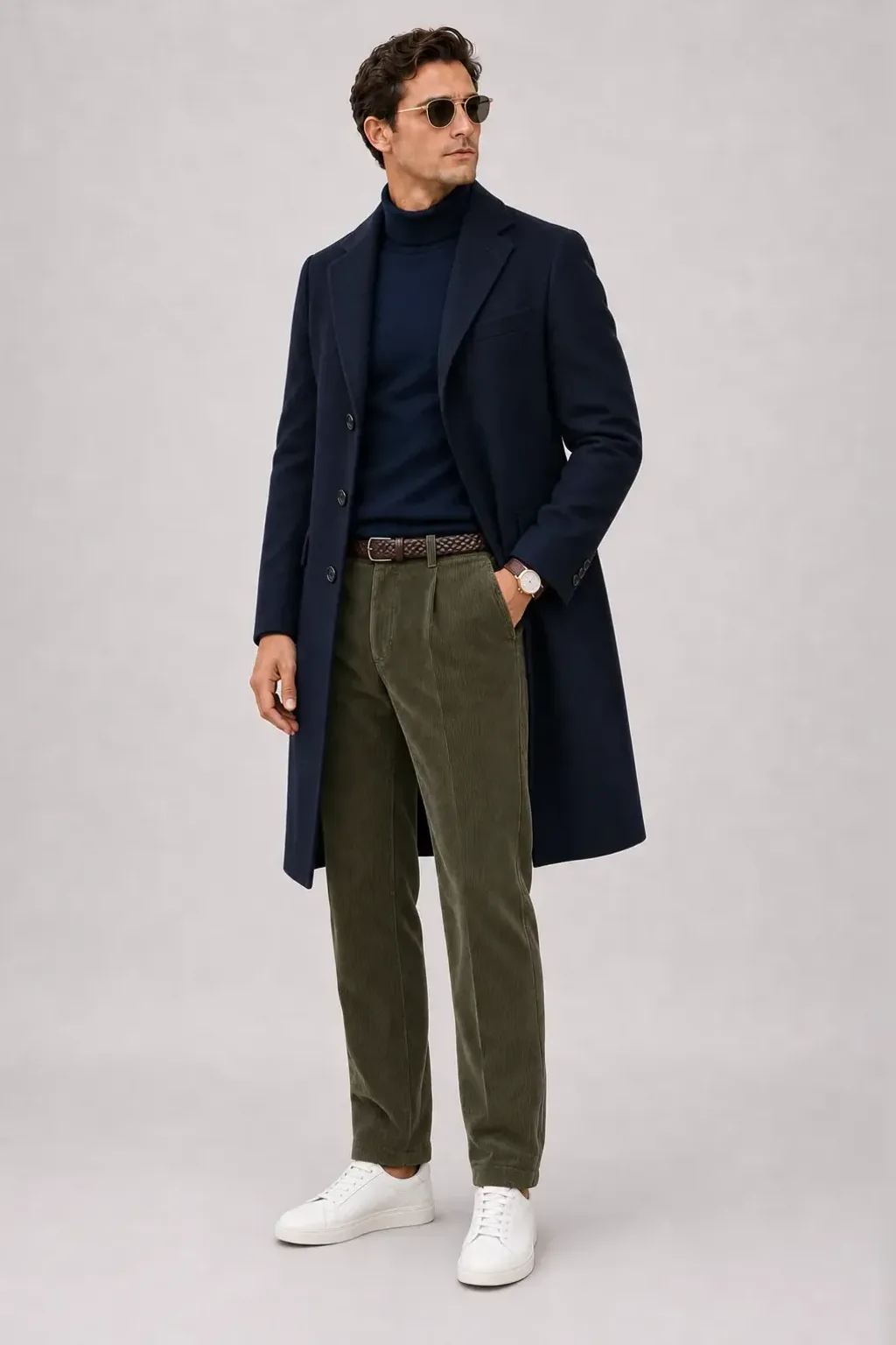 Langer Mantel Navy über Crewneck-Pullover Feinstrick Navy und Button-Down-Hemd Weiss, dazu Cordhose Oliv und Sneaker — ≈ Rollkragenpullover pur