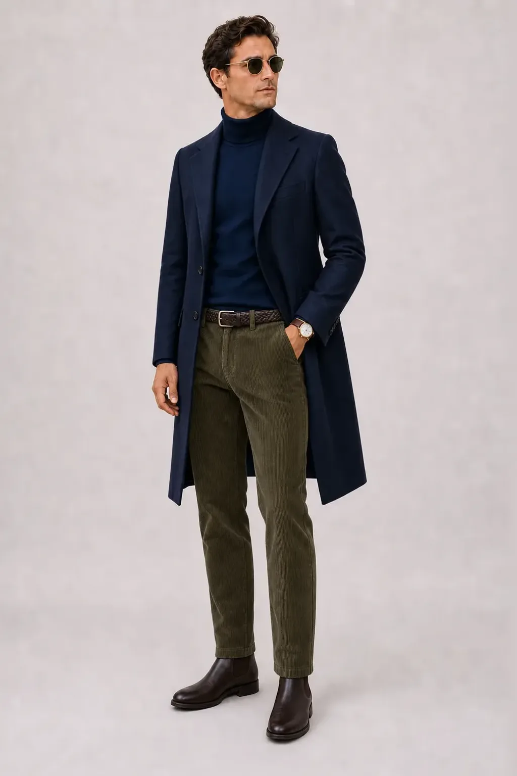 Langer Mantel Navy über Rollkragenpullover, dazu Cordhose Oliv und Sneaker