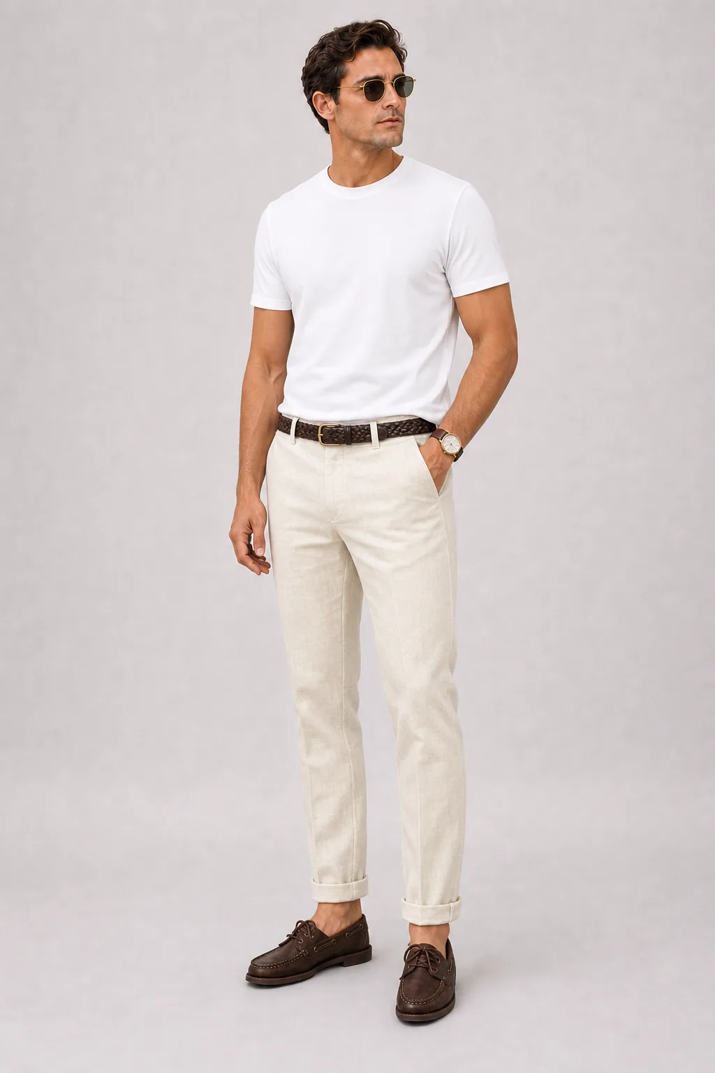 Strickpolo Navy, dazu Leinenhose Creme und Bootsschuh — T-Shirt Weiss
