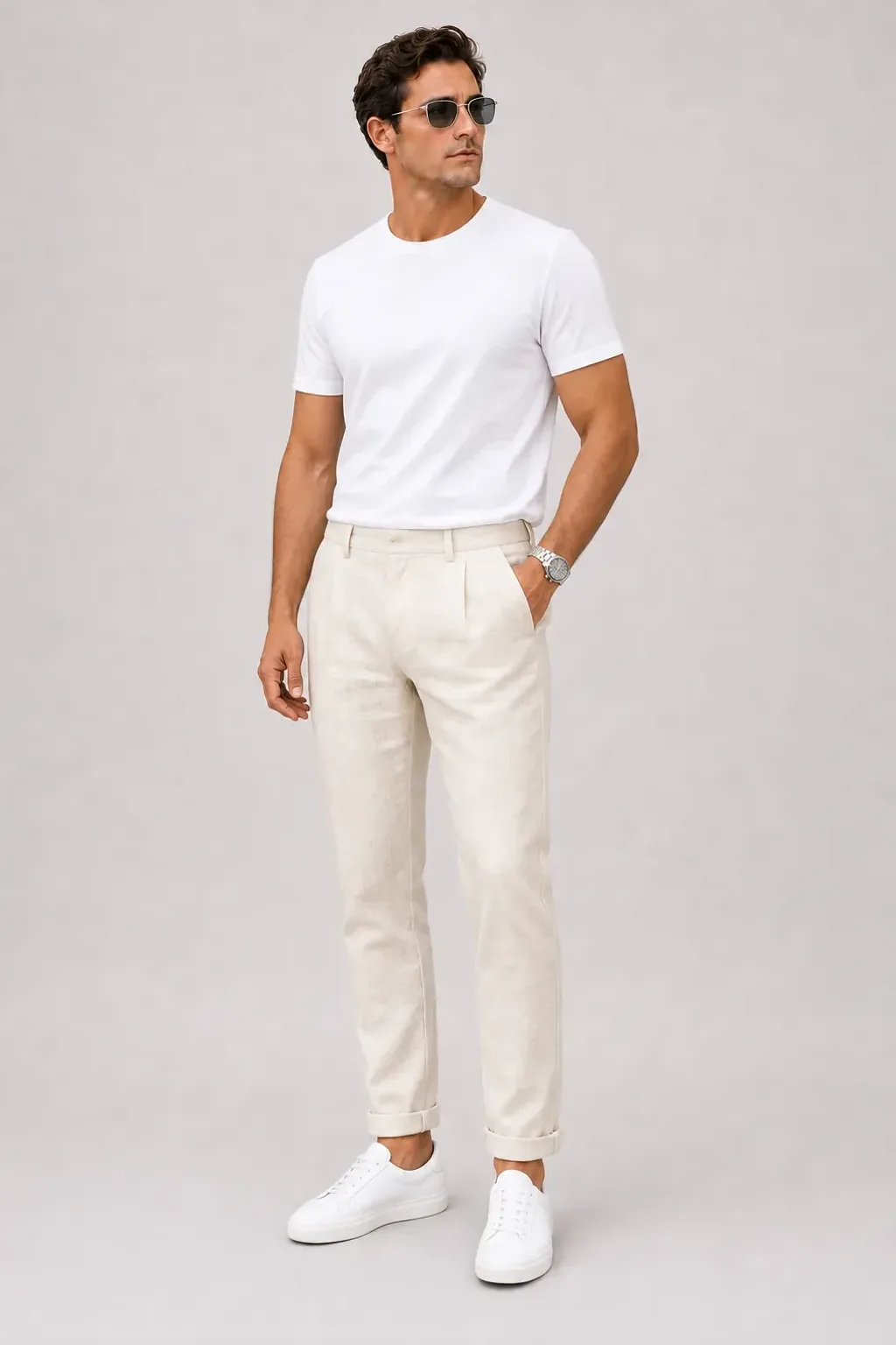 T-Shirt Weiss, dazu Leinenhose Creme und Bootsschuh