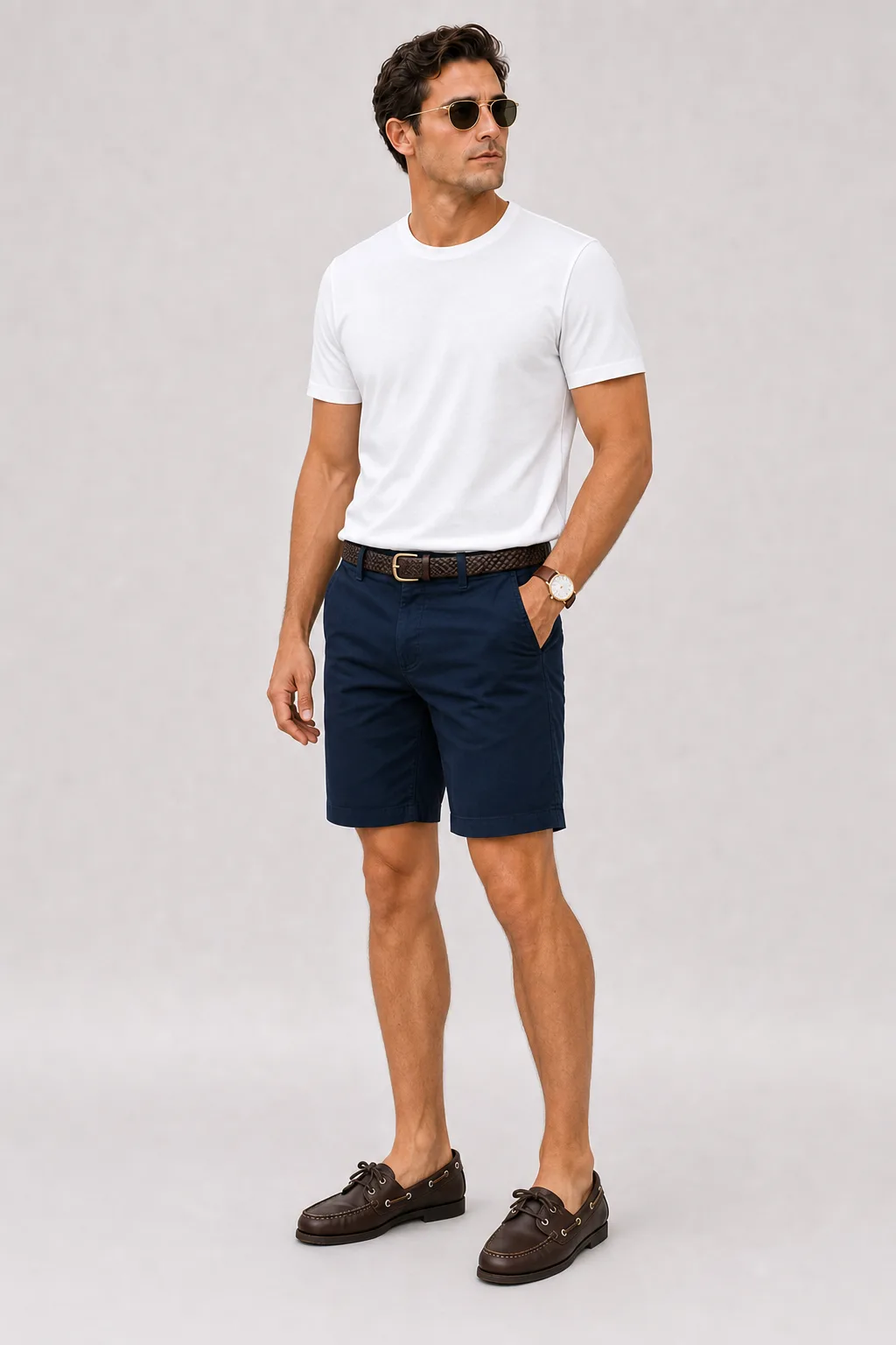 T-Shirt Weiss, dazu Chino-Shorts Navy und Bootsschuh