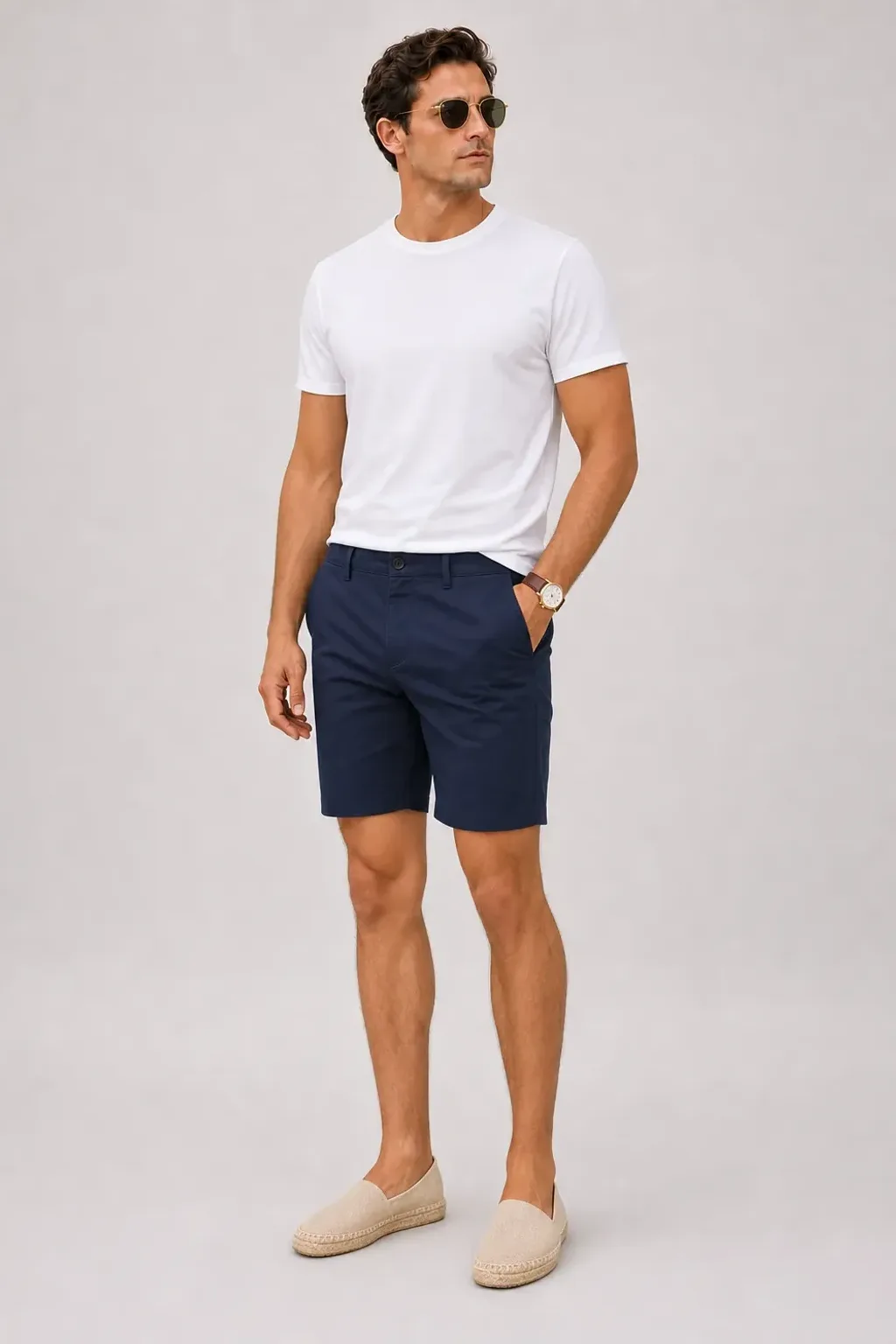 T-Shirt Weiss, dazu Chino-Shorts Navy und Bootsschuh