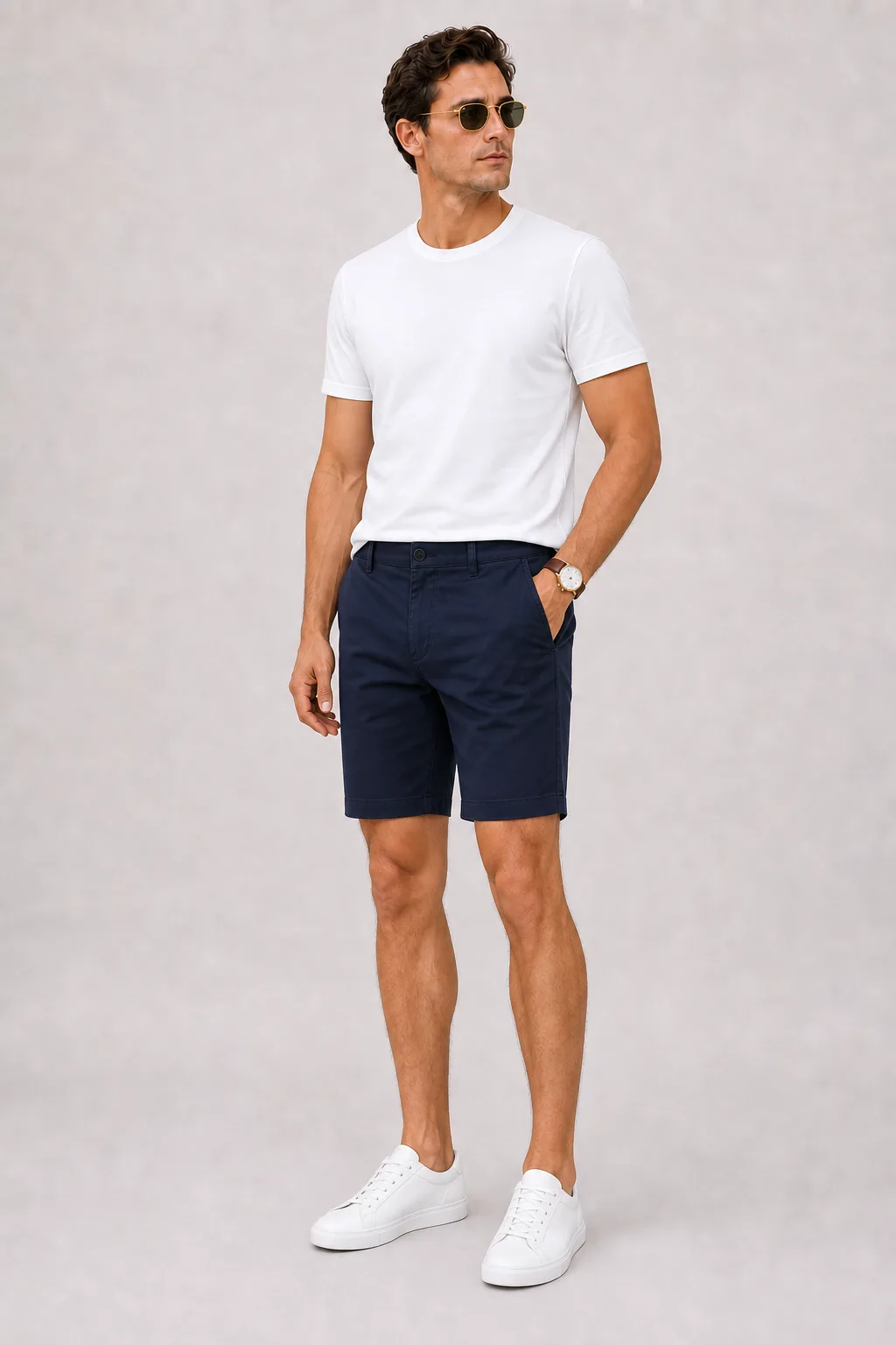 T-Shirt Weiss, dazu Chino-Shorts Navy und Bootsschuh