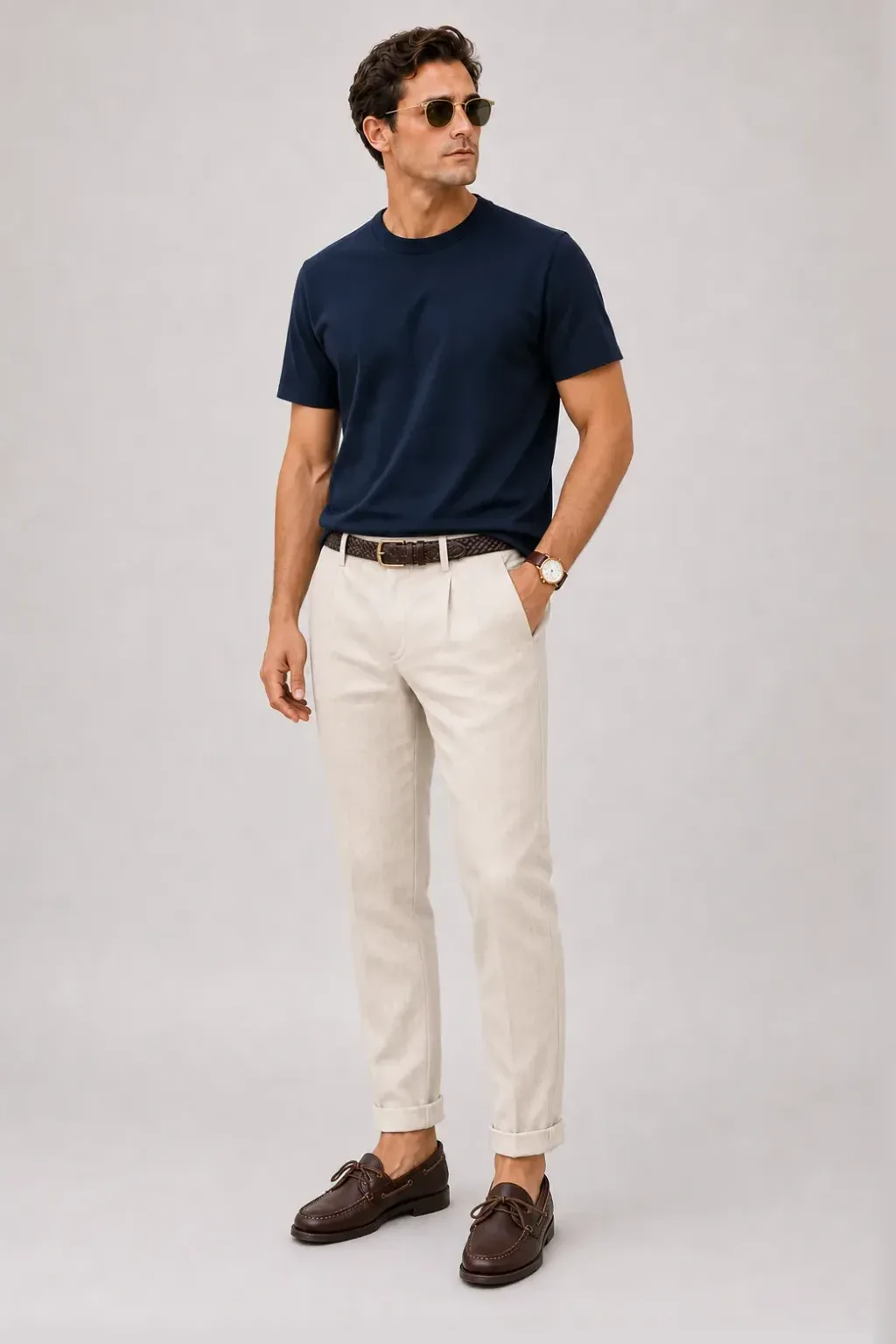 T-Shirt Navy, dazu Leinenhose Creme und Bootsschuh