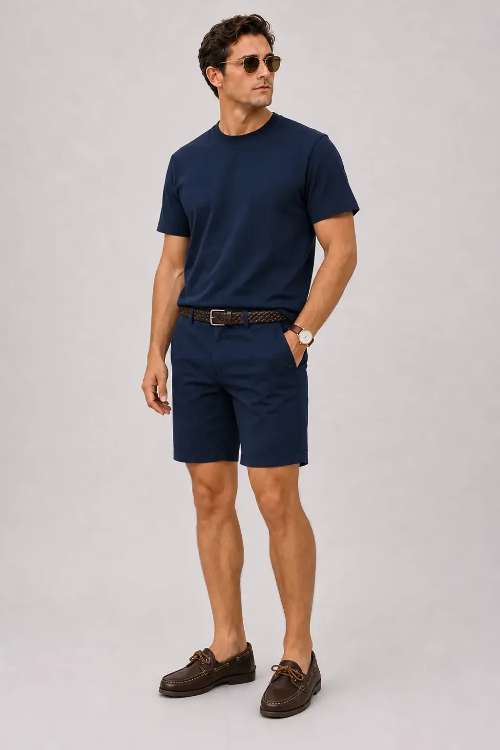 T-Shirt Navy, dazu Chino-Shorts Navy und Bootsschuh