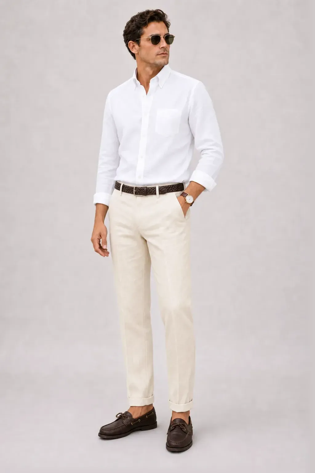 Strickpolo Navy, dazu Leinenhose Creme und Bootsschuh — Button-Down-Hemd Weiss