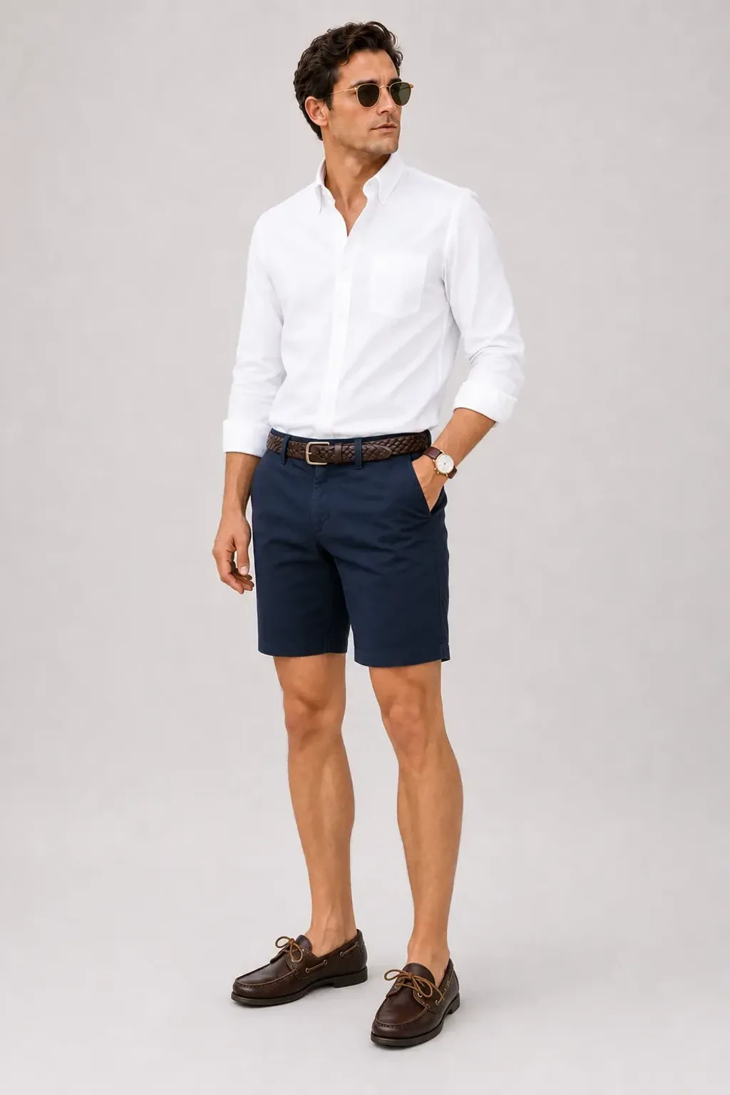 Leinenhemd Off-White, dazu Chino-Shorts Navy und Bootsschuh — Button-Down-Hemd Weiss