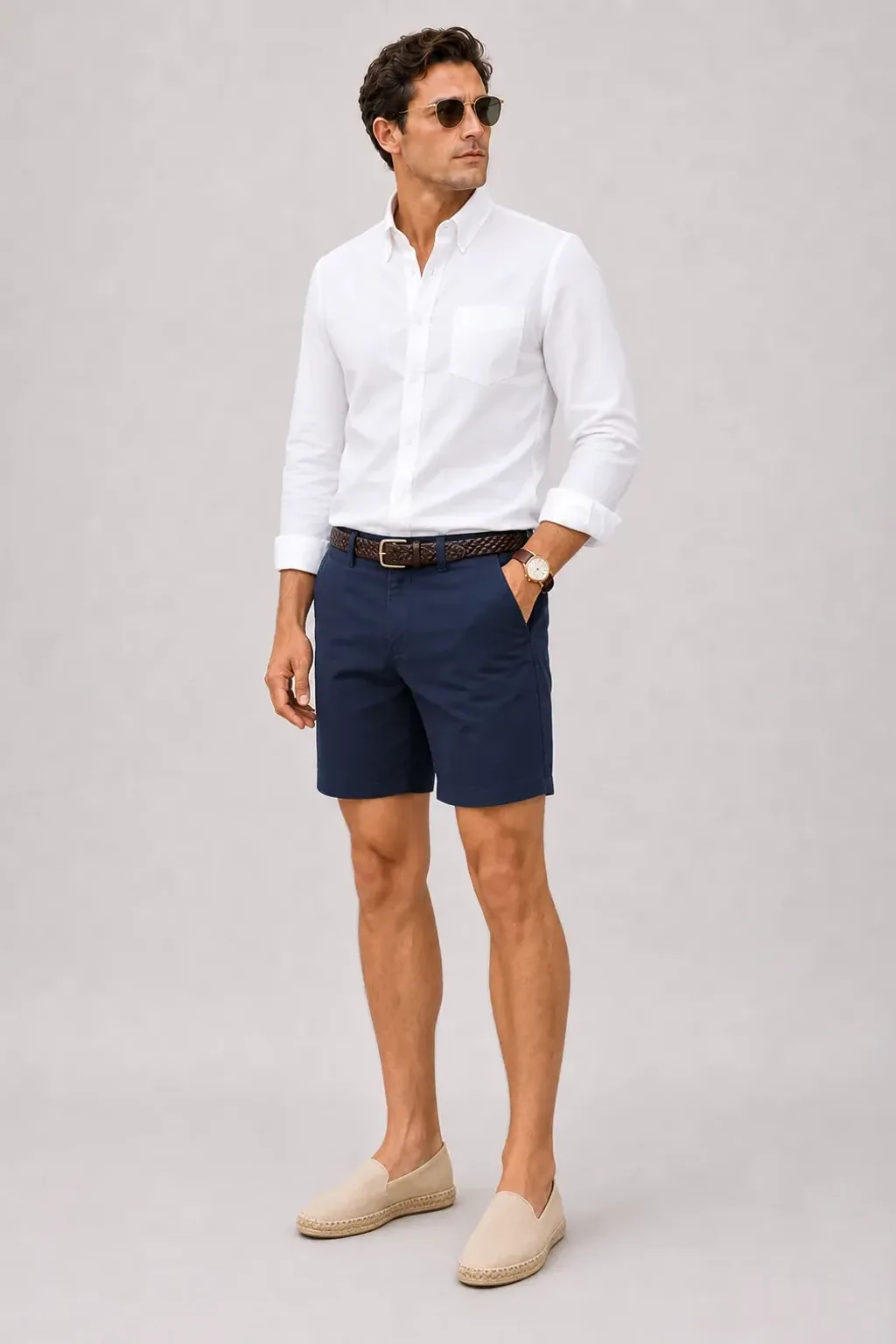 Button-Down-Hemd Weiss, dazu Chino-Shorts Navy und Bootsschuh