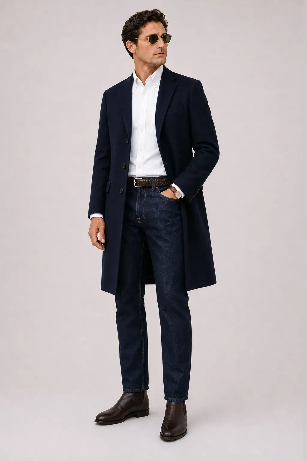Langer Mantel Navy über T-Shirt Oliv, dazu Jeans Navy und Chelsea Boot — Button-Down-Hemd Weiss